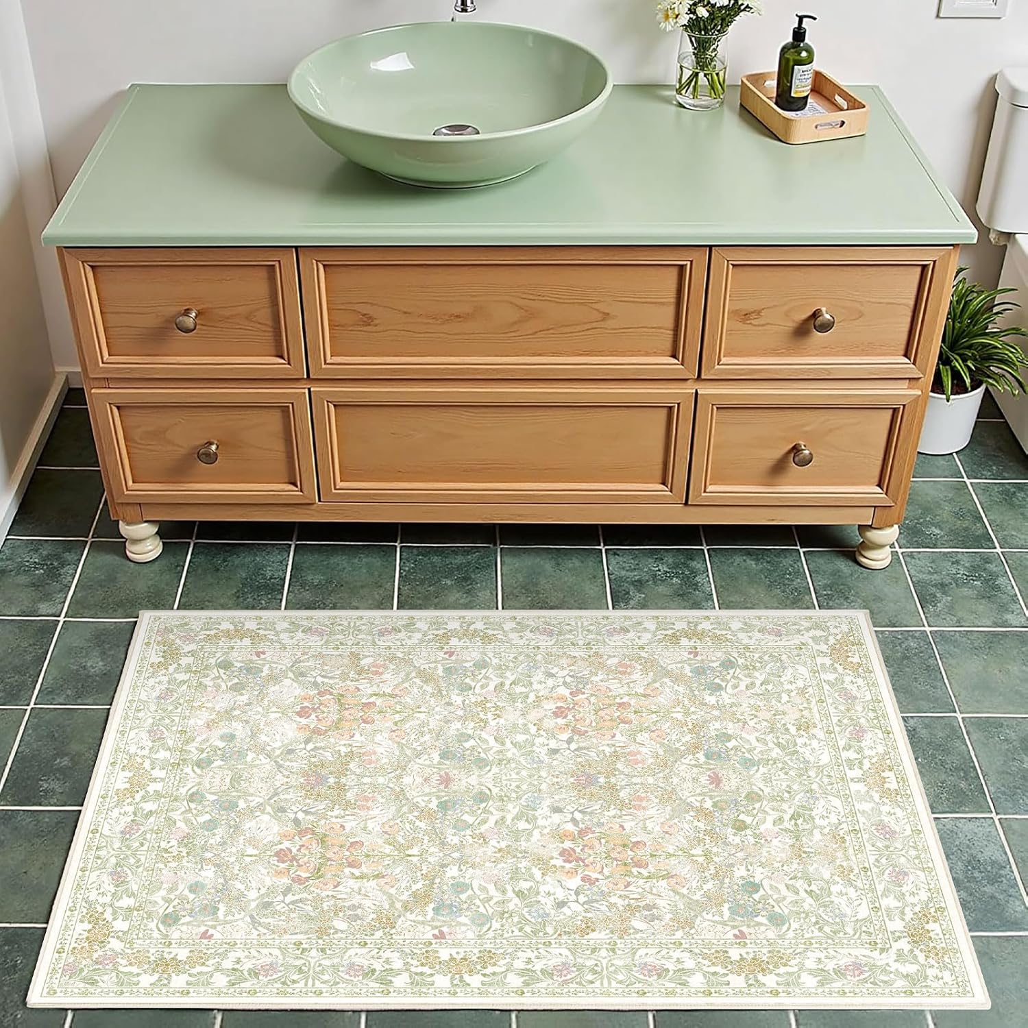 Sage Green Soft Bedside Non Slip Washable Rugs, 2x3 Farmhouse Small Rug for Kitchen, Indoor Entrance, Laundry, Bathroom - Boho Throw Front Door Mat, Soft Cottagecore Art Deco Carpet with Low Pile