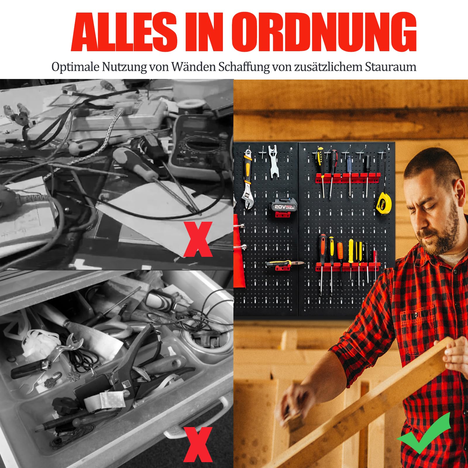 SOARS Werkzeugwand Metall, dreiteilige Lochwand mit 25 teiliges Hakenset, Werkstattwand 120 x 60 cm, Werkstattwand ideal für Garage & Werkstatt