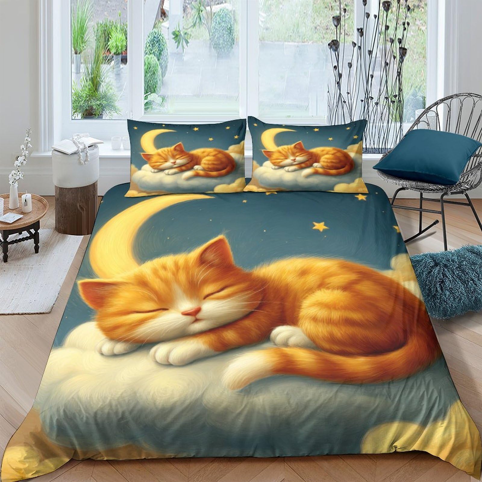 Ctjqhvkz Style-8 3D Printed Sleeping Cat Fitted Sheet Microfiber Soft Bedroom Decor Moon Star Bed Cover For Home Guest Room Single（135X200cm）
