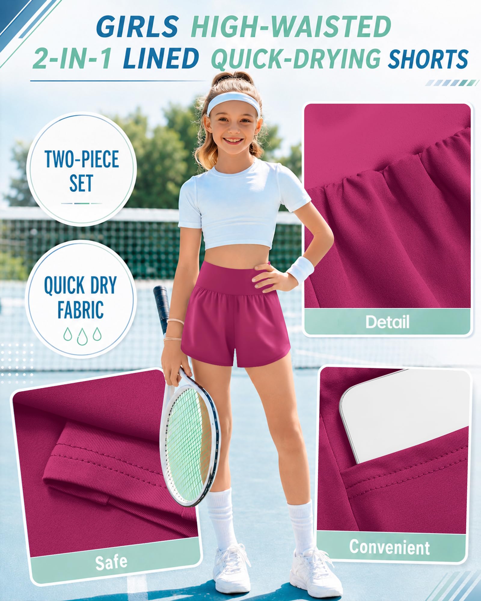 Didaey Sportliche Yoga-Shorts für Mädchen, mit Innenfutter, 2-in-1, schnelltrocknend, hohe elastische Taille, Sommershorts mit Taschen, 3 Stück