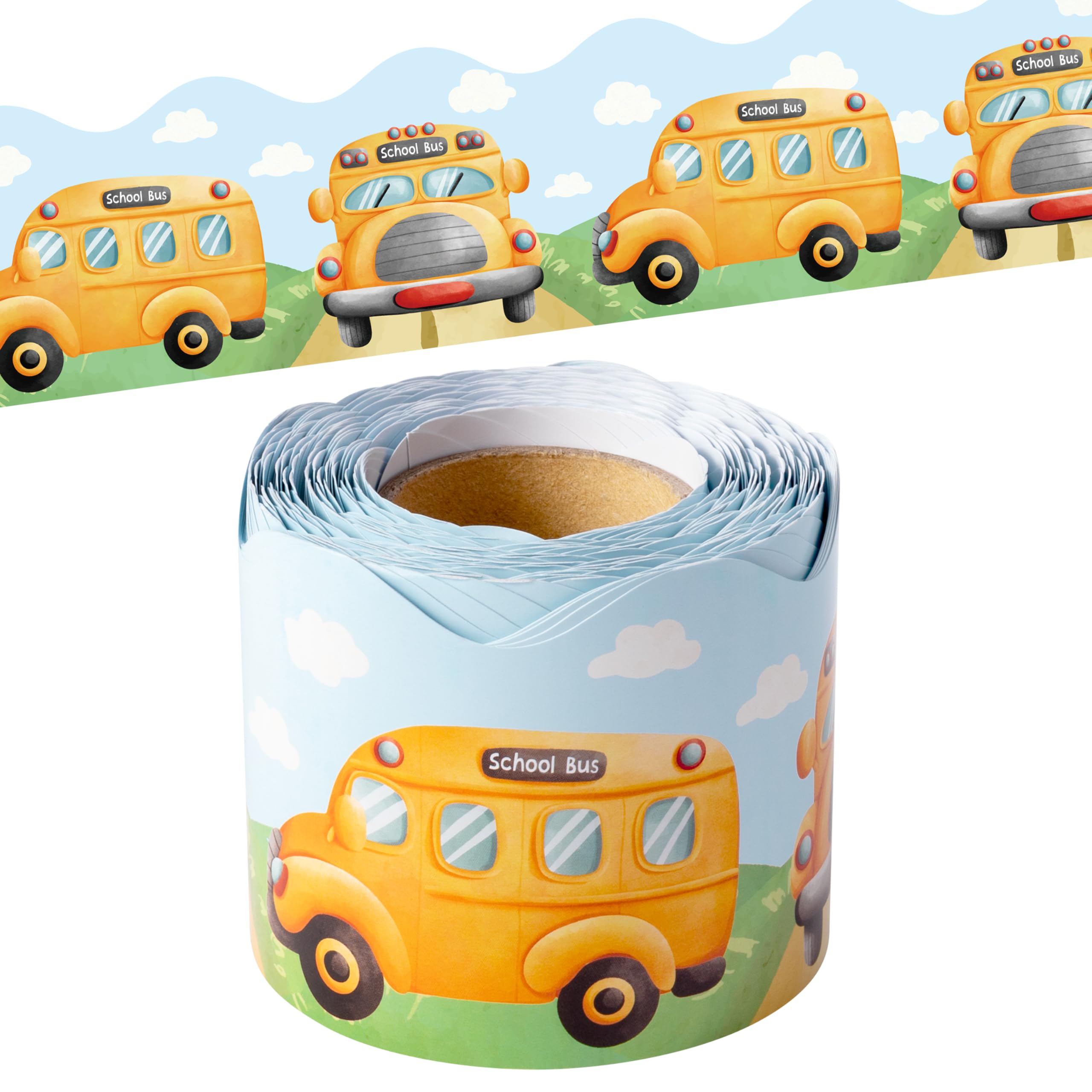 BeYumi School Bus Border Trim - 65ft Back to School Bus Scalloped Rolled Border Trim Pastel Watercolor Bulletin Board Set Classroom Office Chalkboard Kindergarten Elementary Home Party Decoration