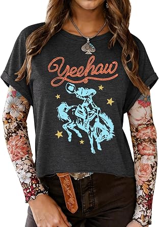 TAKEYAL Womens Western Tops Cowgirl Graphic Tshirts Cute Vintage Summer T Shirts with Roll-Up Cuff Sleeves 2026