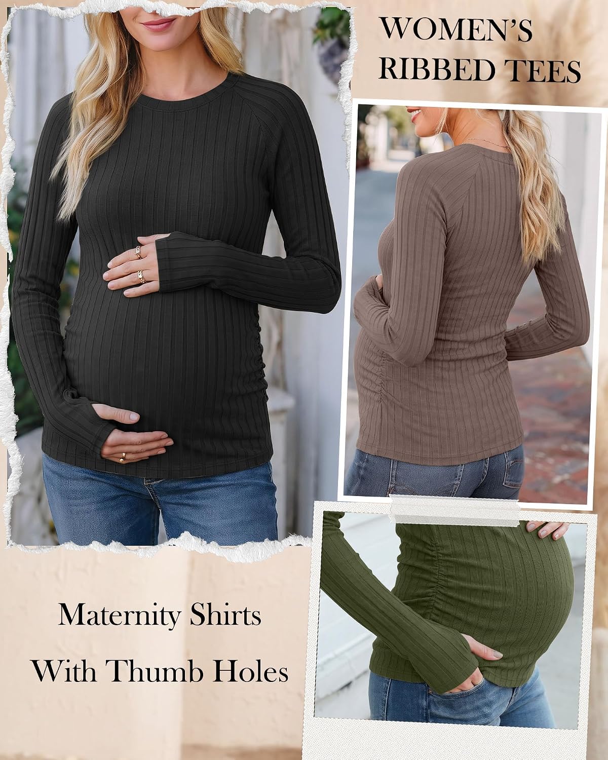 3 Pack Women's Maternity Ribbed Long Sleeve Shirts