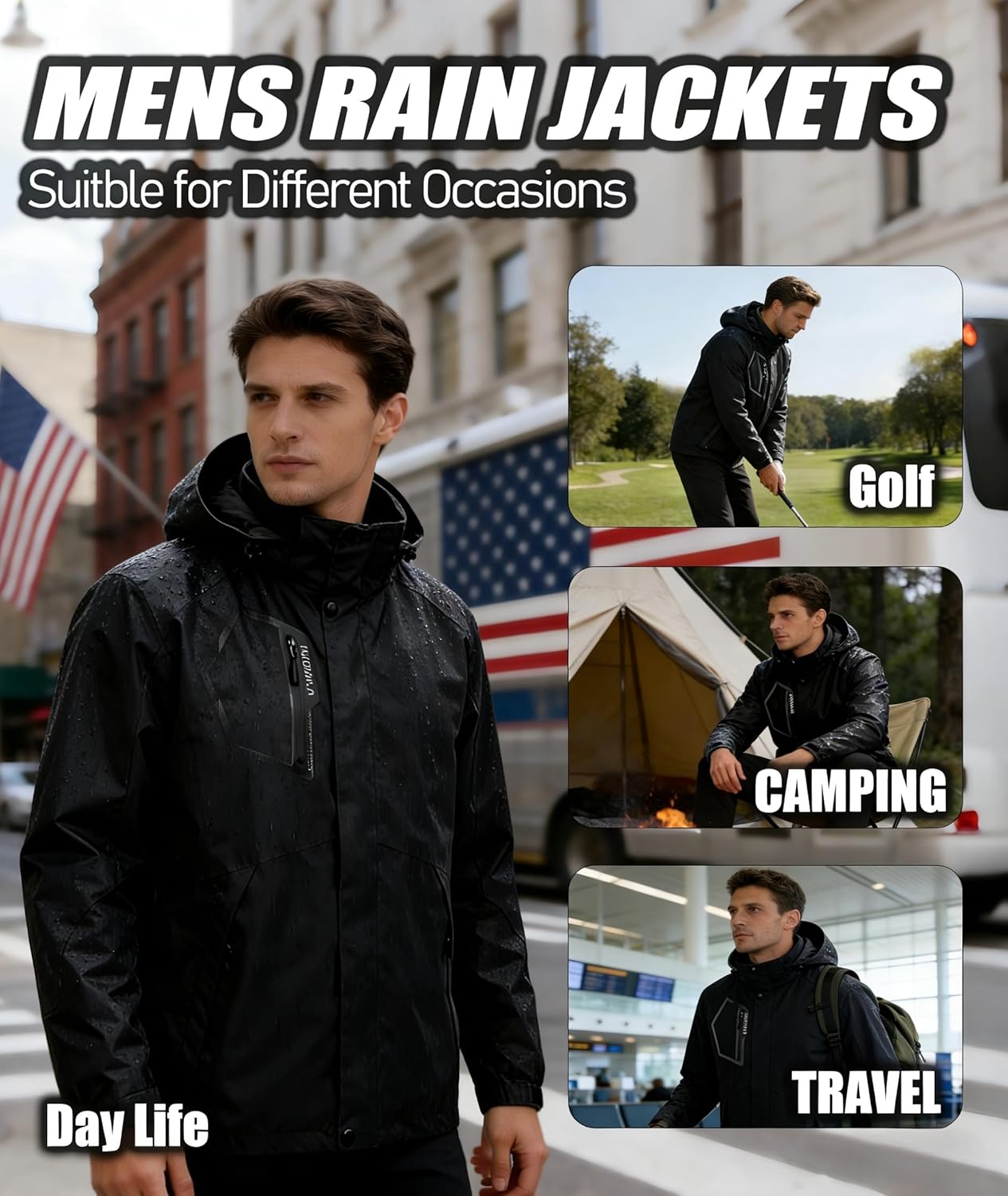 Men's Rain Jacket Waterproof Lightweight Hood jackets for Hiking Cycling Travel Raincoat S-6XL