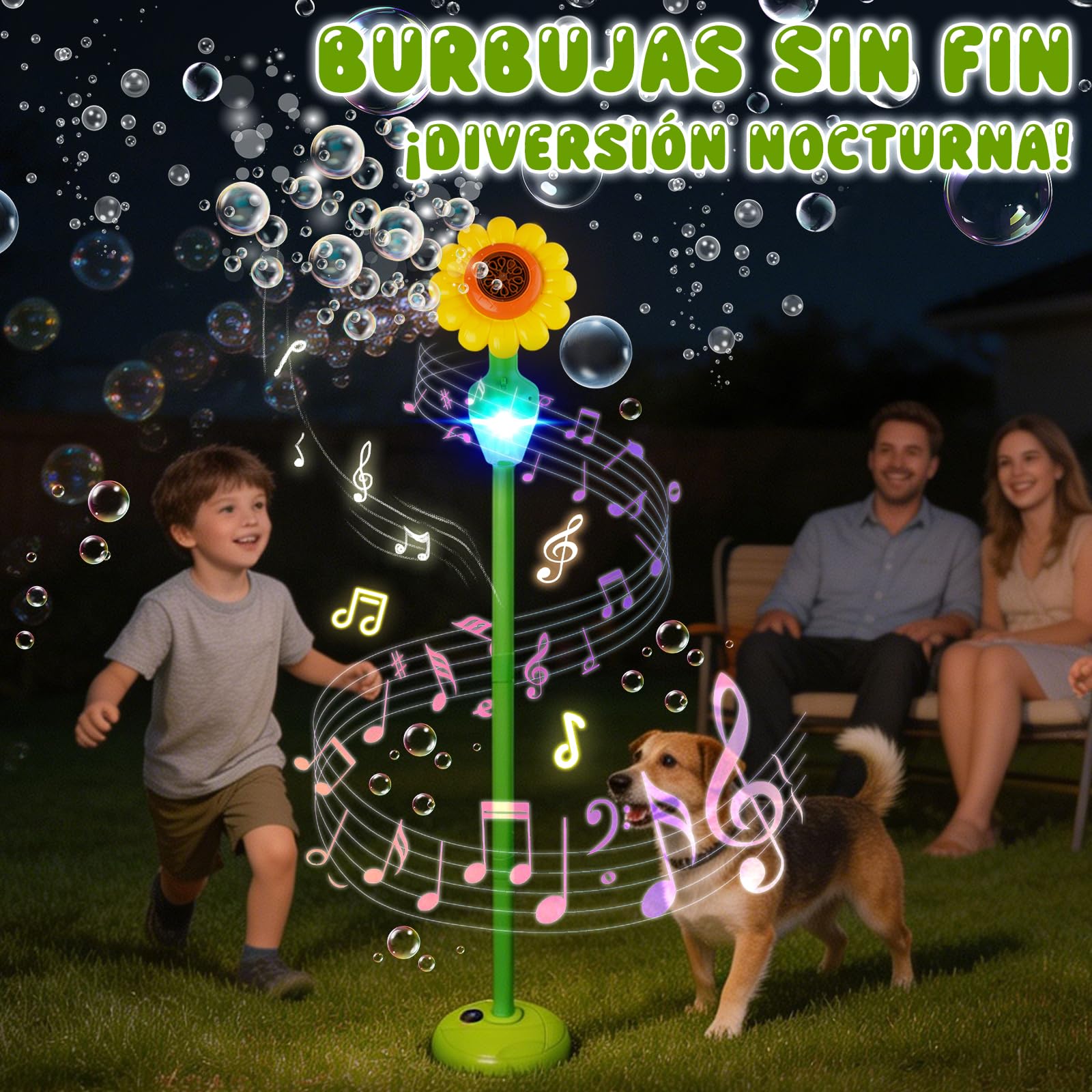 Maquina de Burbujas Automatica, Máquina de Burbujas Recargable con Luces y Música para Niños, Jardín, Cumpleaños, Boda, Fiesta, Altura Ajustable 51cm-119cm, con Control Remoto (Amarillo)