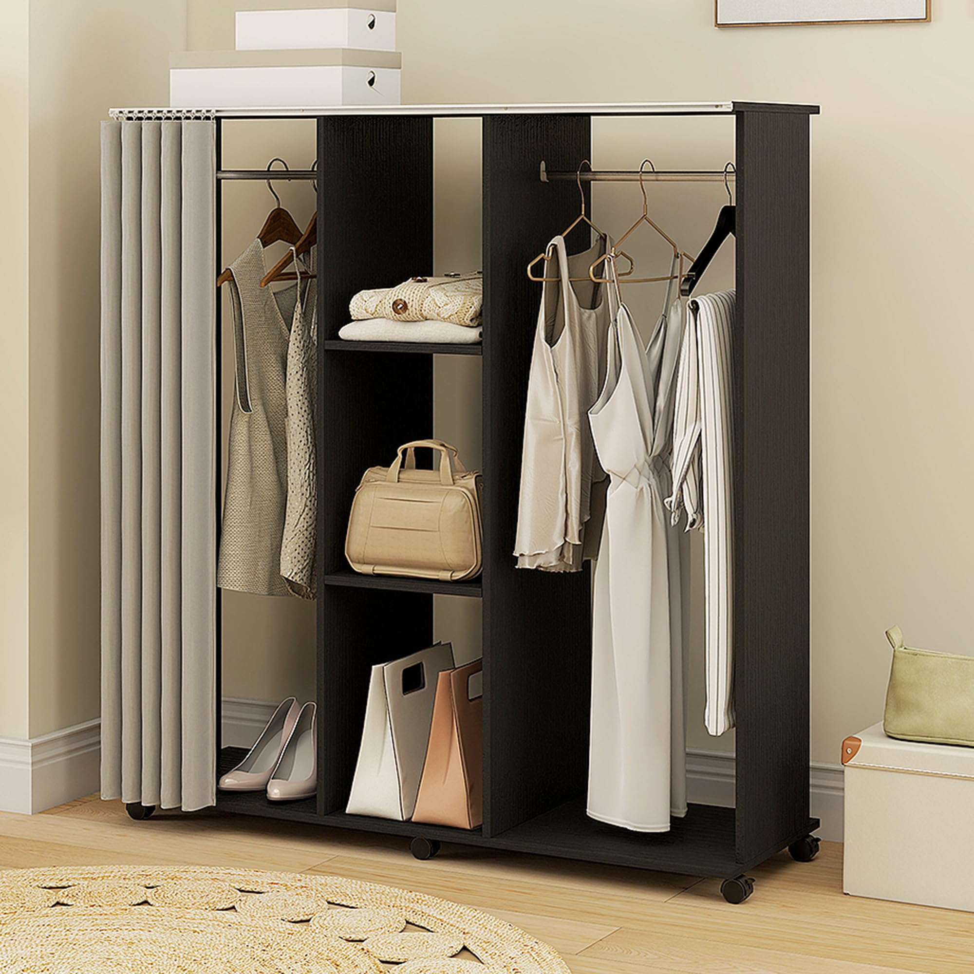HOMCOM Armoire Penderie Mobile 6 roulettes 120x40x128cm Noir | Meuble de Rangement en Bois