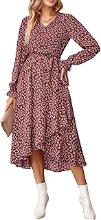 ZPLxi Women's Floral Print Boho Dress 2025 Casual V Neck Puff Long Sleeve Fall Flowy Midi Dress Ruffle Belted A-Line Swing...