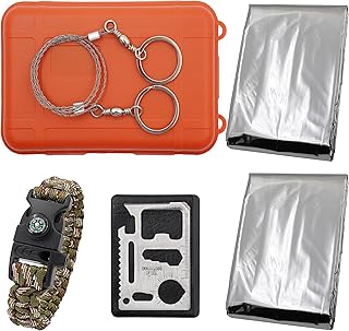 Wild Emergency Survival Kit - Airtight Survival Box,with Thermal Blankets, Survival Bracelet, Whistles, Compass,Steel Wire Saw,11 in 1 Card Multitool,for Camping,Outdoor Travel, Hiking Or First Aid.