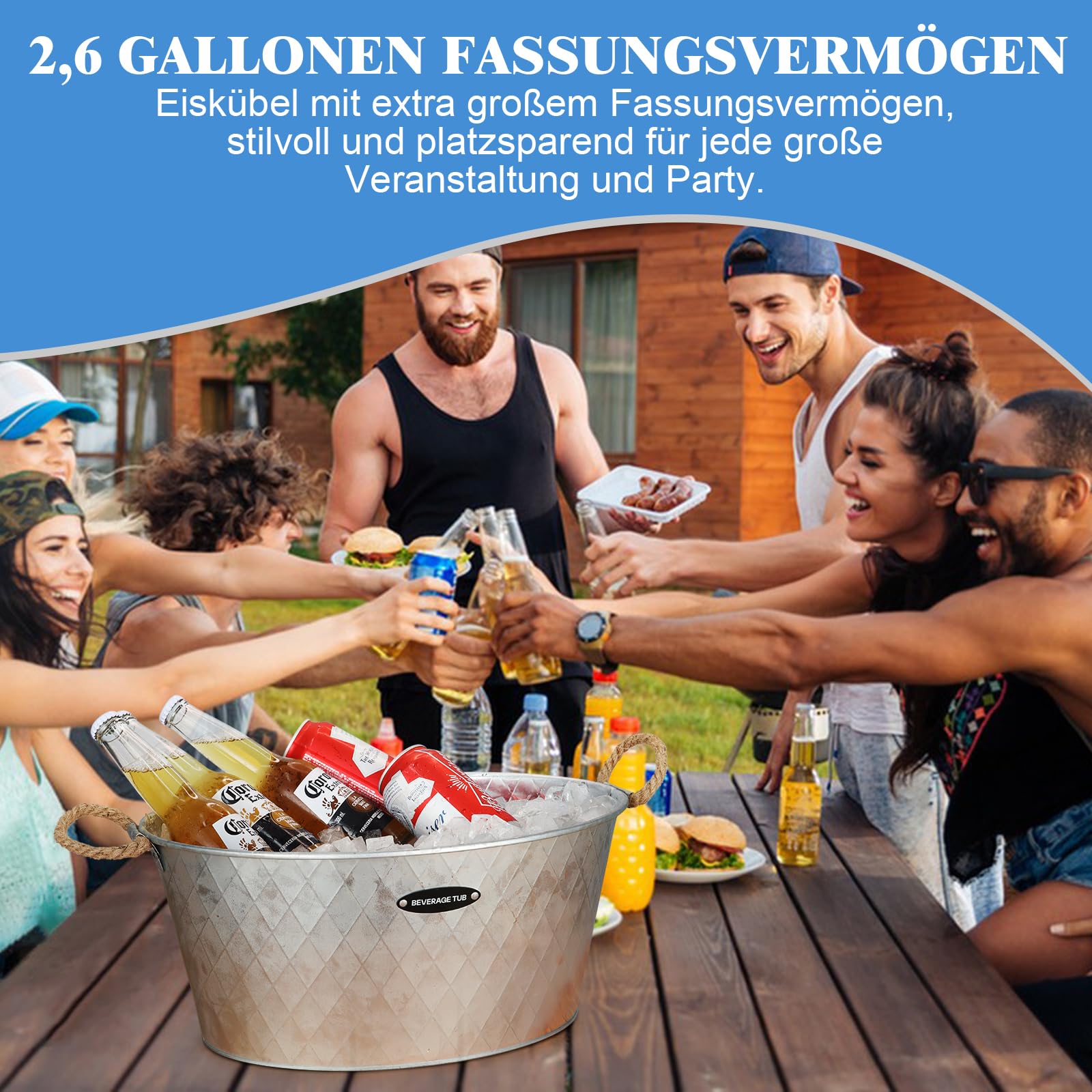 iHoo Juego de 2 cubetas para bebidas con gran agarre para fiestas de 2,6 galones (10 L), bañeras de bebidas galvanizadas para bares interiores o exteriores, 14,76 x 6,18 pulgadas