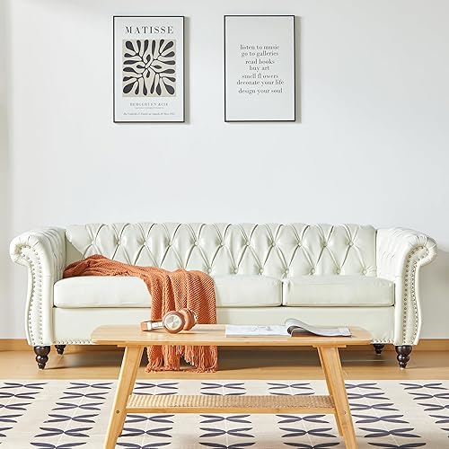 Accent Large Sofa, Chesterfield Couch 3 Seater Modern Leather Couch Upholstered Sofa with Tufted Back for Living Room Furniture (White)