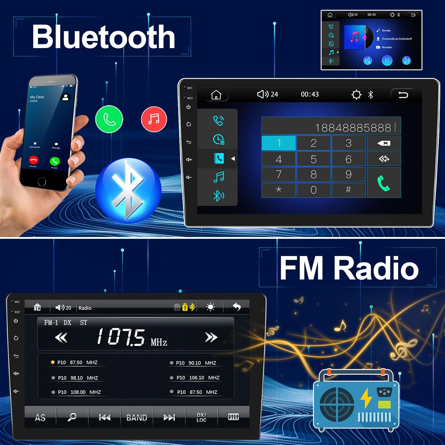 CAMECHO 2 DIN Car MP5 Player with Carplay Android Auto 10.1 Inch HD