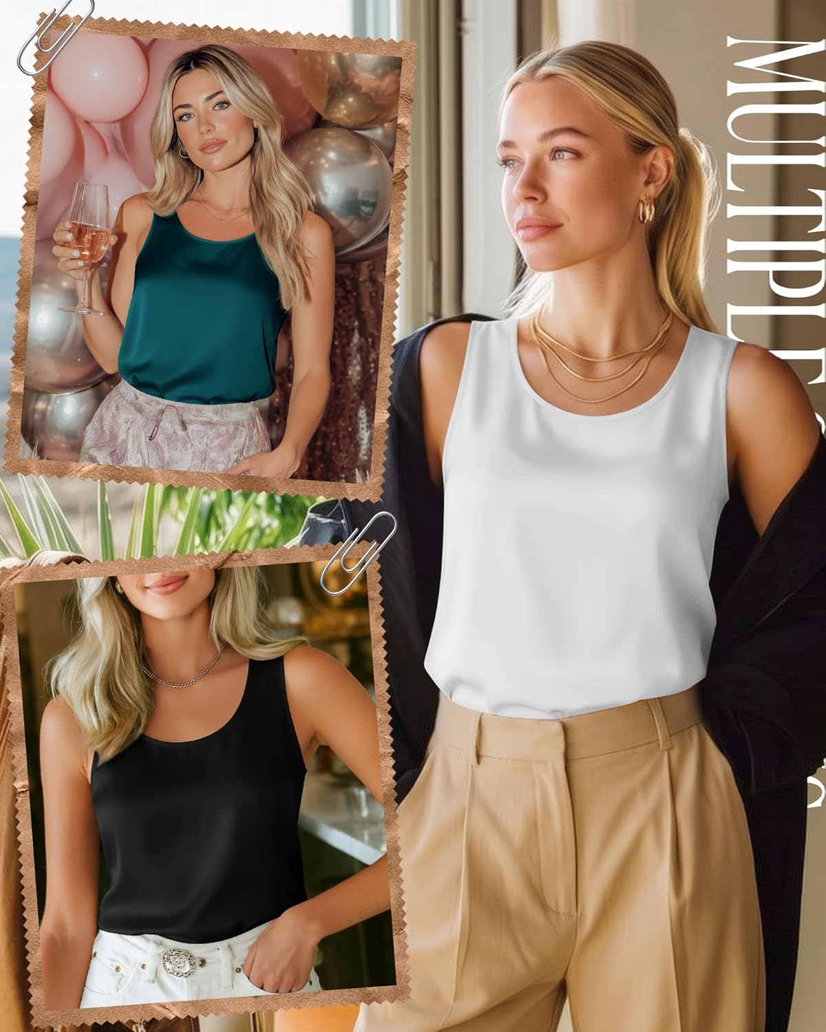3 Pack Women's Silk Tank Tops Satin Camisole Sleeveless Work Undershirt Dressy Scoop Neck Shirt Lady Sateen Blouse - Image 3