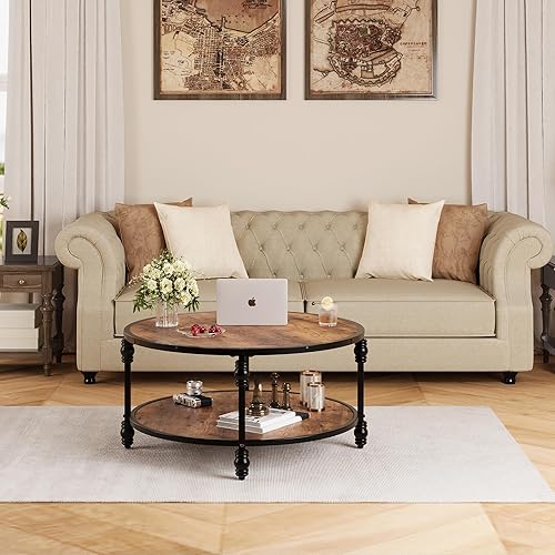 Miniatura 8 de GAOMON Mesa de centro redonda para sala de estar, mesa central redonda rústica de 34.25 pulgadas con estante de almacenamiento, mesa de centro de