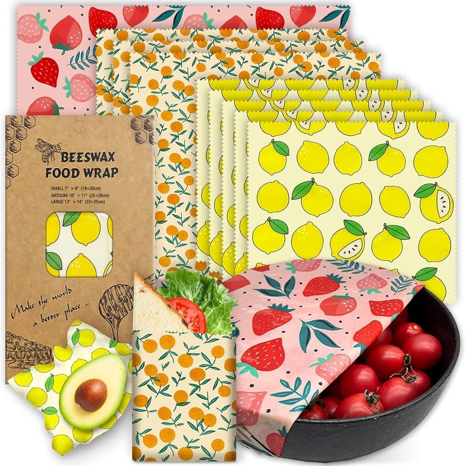 9 Pack Reusable Beeswax Food Wraps, Eco-Friendly Food Storage Wraps, Assorted Sizes & Prints for Fruits, Bread & Bowls