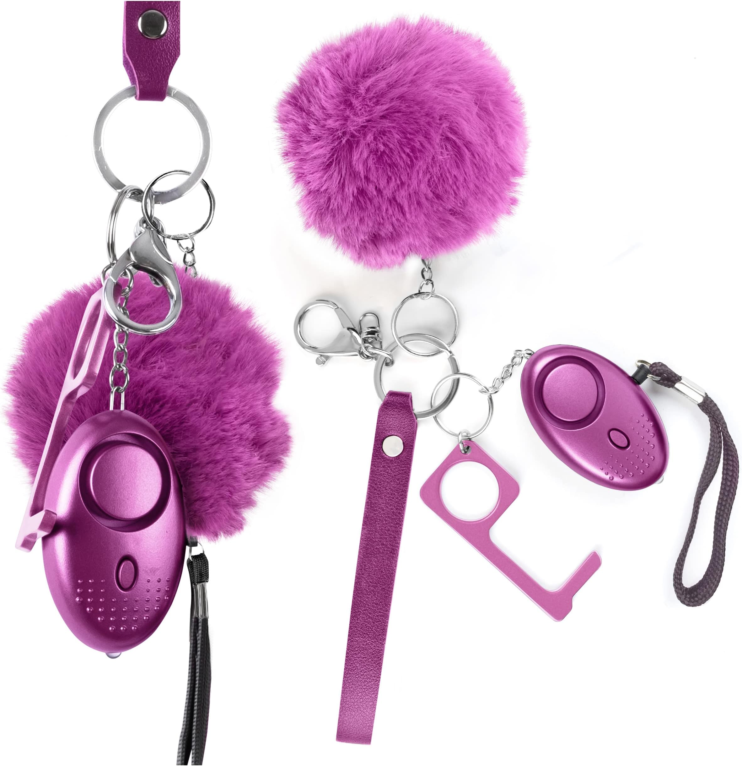 StrikeDownVegan Leather Keychain Set for Women, Girls, Portable Key Chain with Safety Alarm, Wristlet, Pompom & No Touch Door Opener