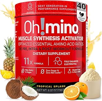 Oh!mino Essential Amino Acids Supplement Drink Powder, Tropical Splash, Cafeeinated Powder, All 9 EAAs, BCAAs and The Perfect Amino for Workouts, Amino Energy, and to Build Muscle, and Recover Faster