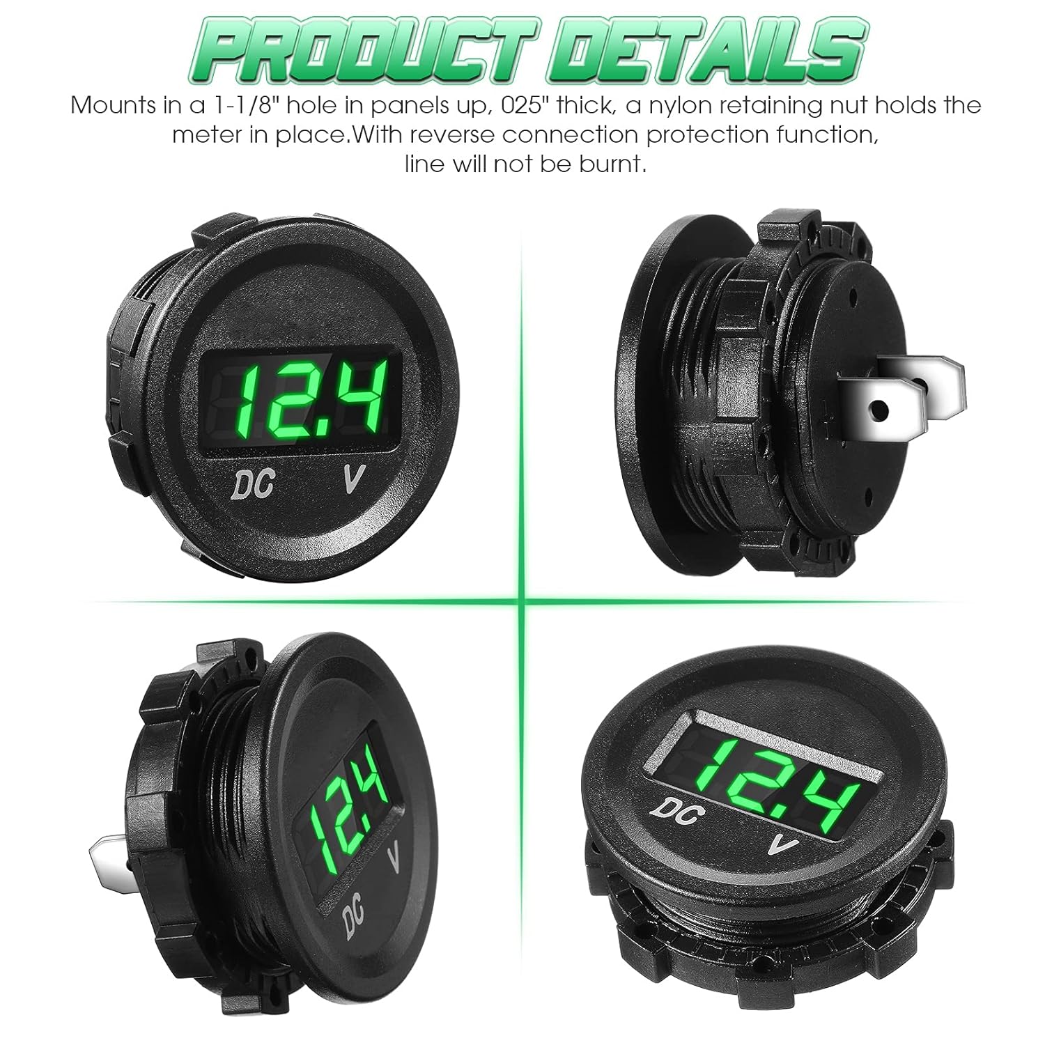 2 Pieces DC 12V Car Voltage Gauge LED Display Waterproof Voltmeter Digital Round Panel Voltmeter Compatible with Vehicle Motorcycle Truck Camper Caravan ATV UTV Car Boat Marine (Green Digital) : Automotive