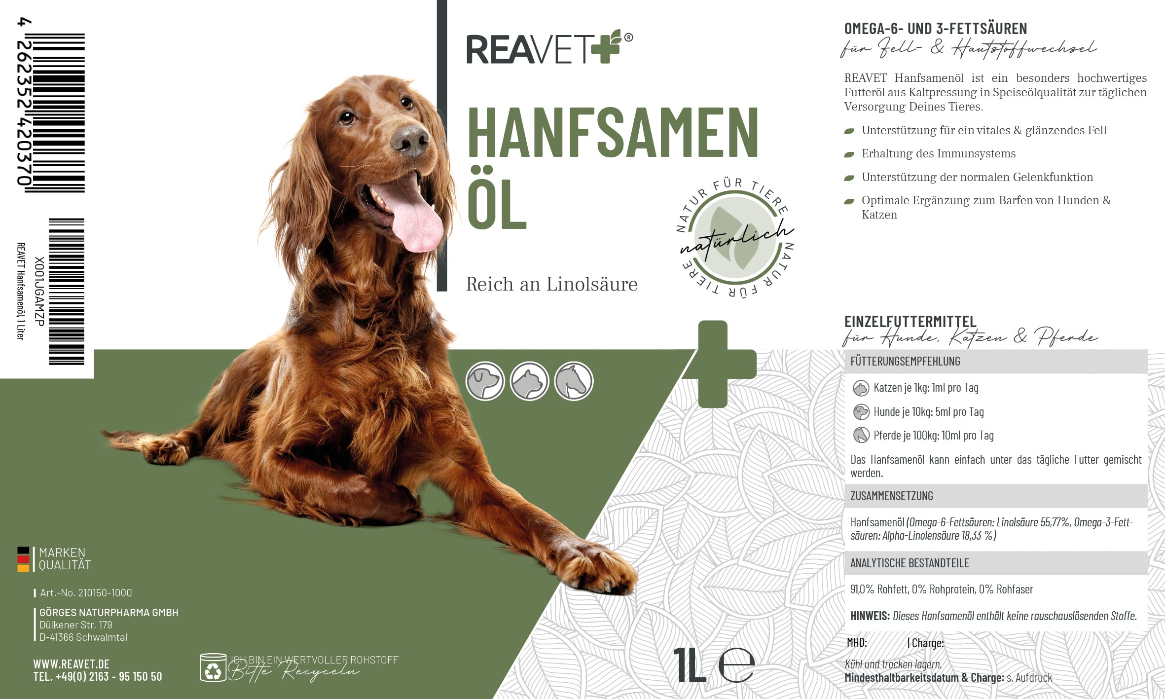 REAVET Olio di canapa pressato a freddo per cani e gatti, 1 litro, olio di barba, in qualità di olio alimentare, olio di mangime naturale, prodotto naturale senza additivi, senza additivi
