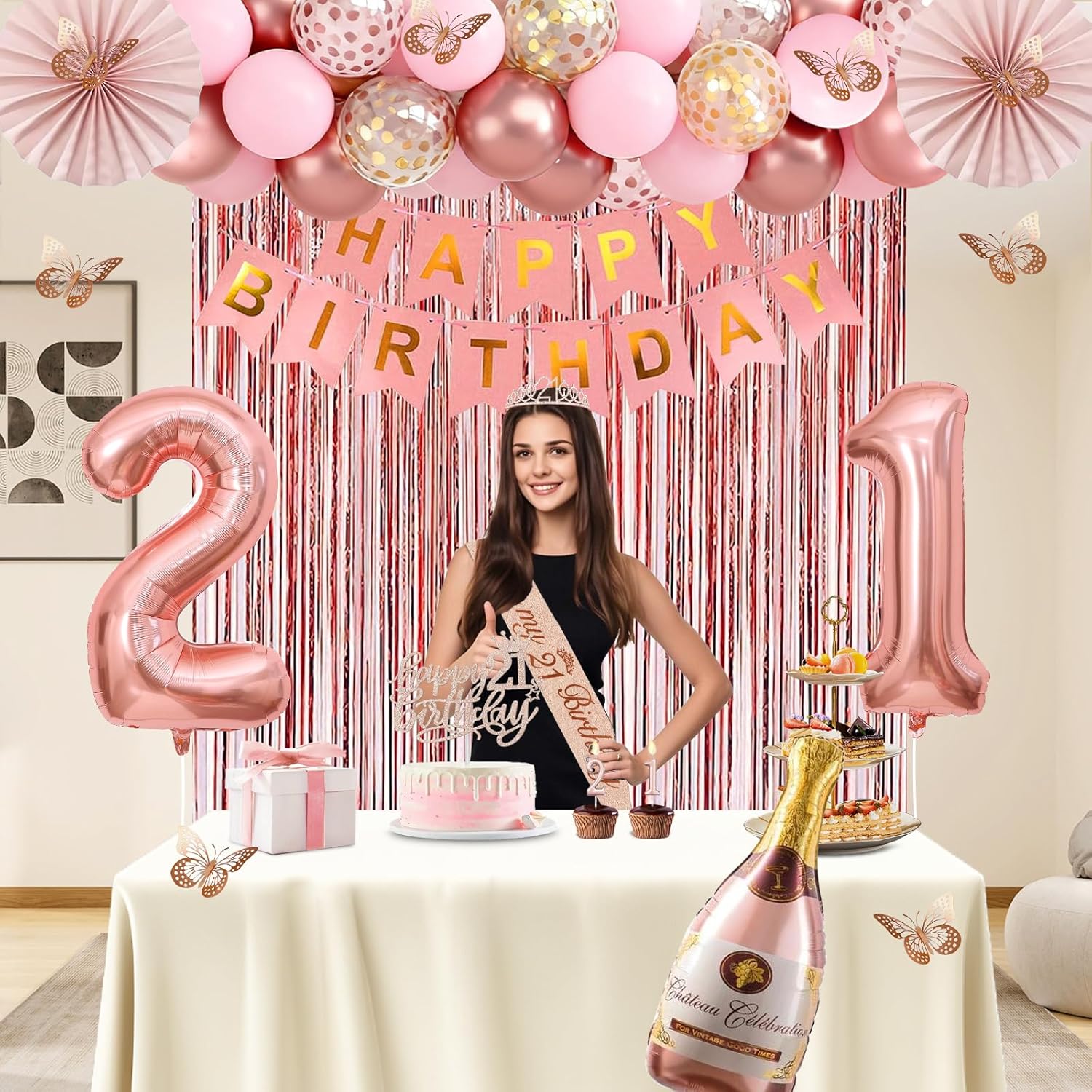 21st Birthday Decorations for Her, Rose Gold Happy 21st Birthday Decorations for Girls, 21 Sash and Crown, Banner, Fringe Curtains, Hanging Paper Fans, 21 Year Old Party Supplies Set