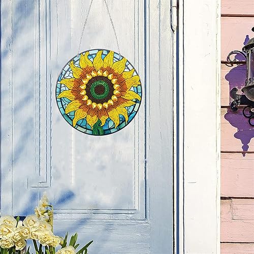Miniatura 4 de LUSandy Kit de pintura de diamante de girasol grande 5D para bricolaje, letrero de arte de pared, diseño de girasol, diamante, atrapasoles, ventana,