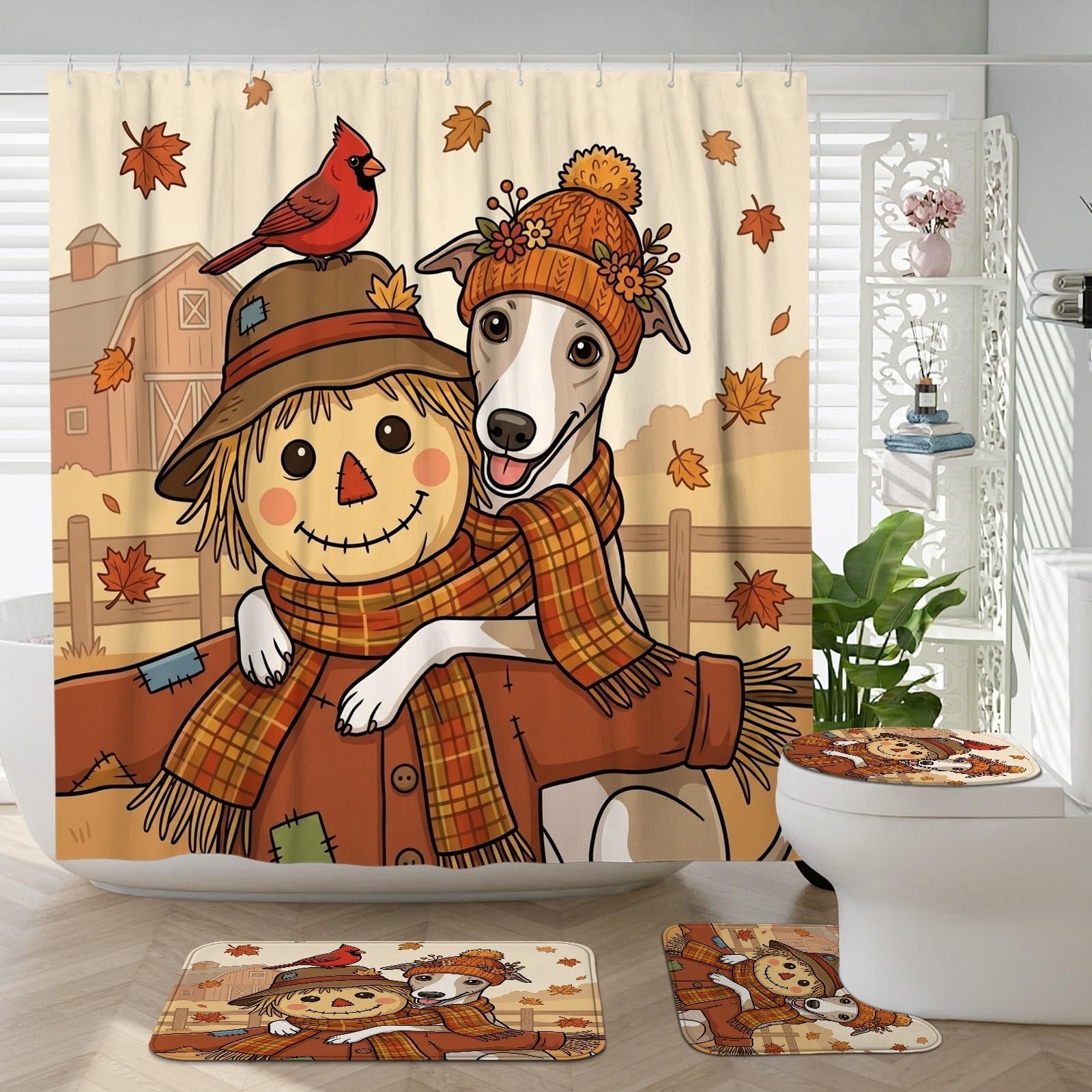 Tapis de bain lévrier whippet déco ferme d'automne avec contour WC en U
