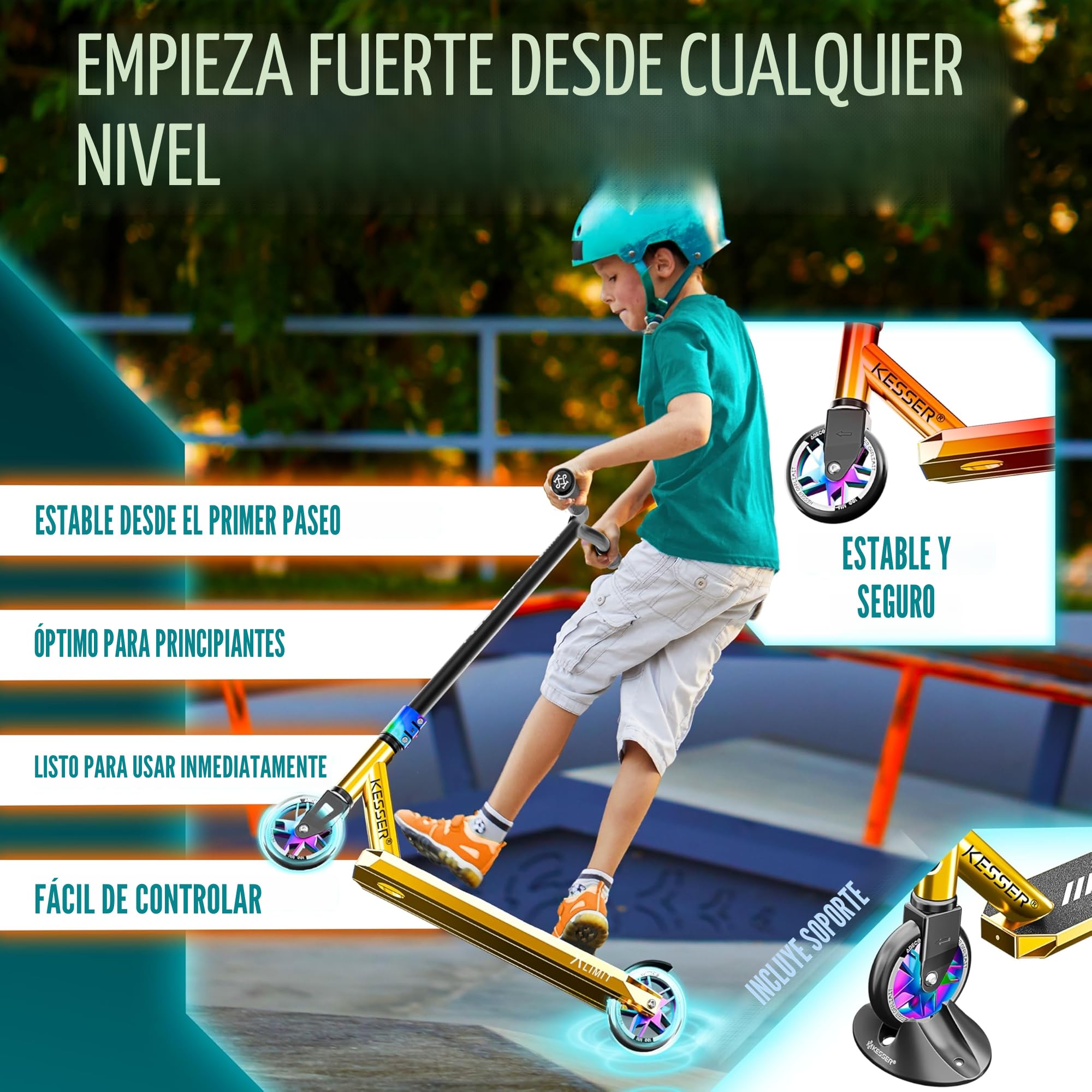 KESSER® Patinete acrobático X-Limit-Pro, Funscooter con dirección de 360Ḟ, Patinete acrobático con Soporte, rodamientos de Bolas ABEC 9, Ruedas de PU de 110 mm, Patinete Scooter,