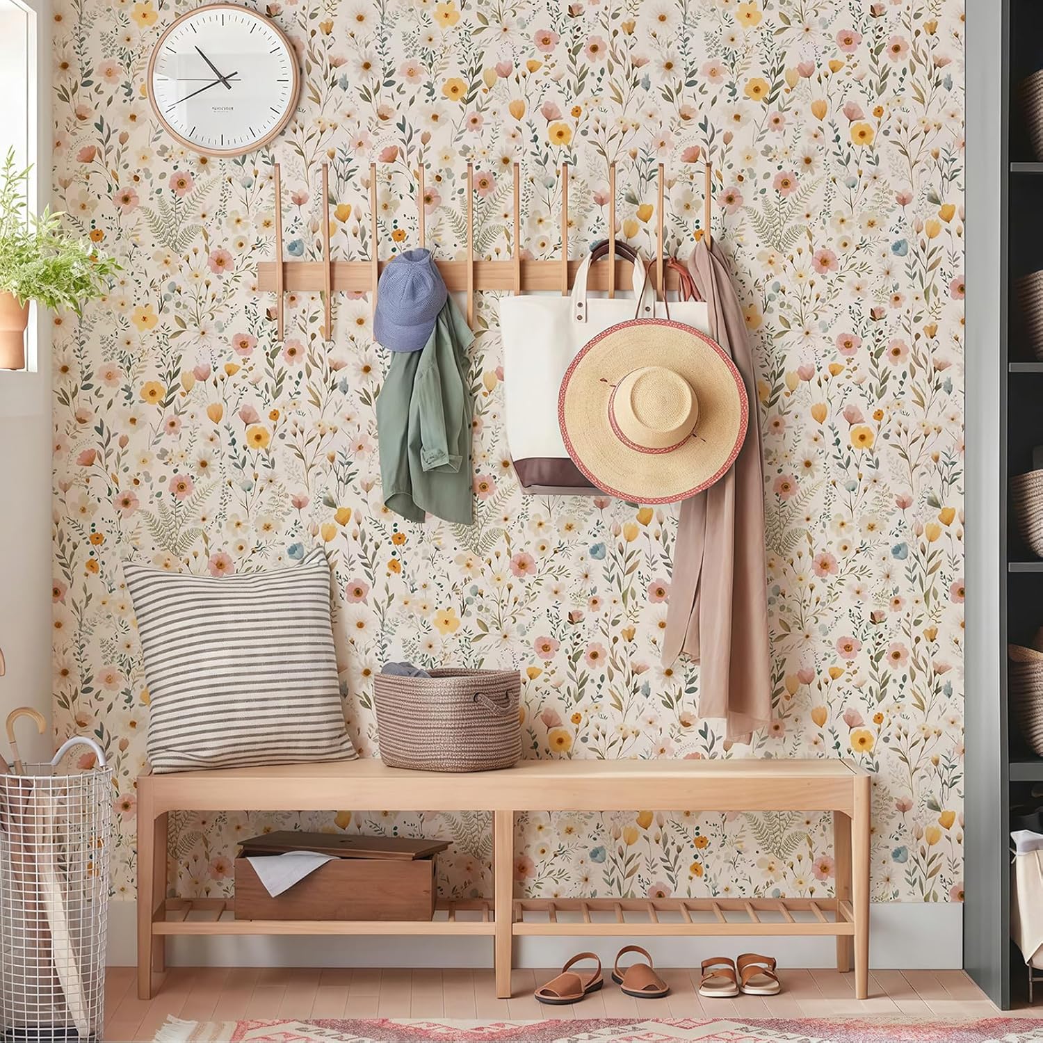 Pink Wildflower Peel and Stick Wallpaper - Vintage Boho Watercolor Ditsy Floral, Renter Friendly 17.3"x393" for Wall & Furniture