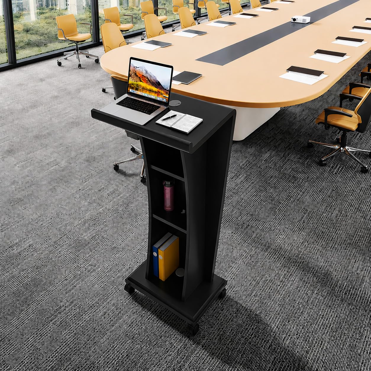 Schwarzes, rollbares Rednerpult aus Holz mit DREI Ablageflächen, ideal für Büro, Empfangsbereich, Bühne und christlichen Gottesdienst, 53 x 33 x 114 cm