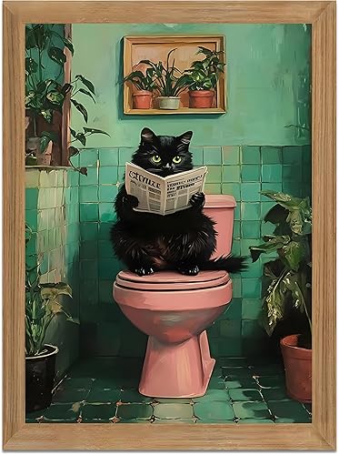 Funny Bathroom Wall Art Black Cat on Toilet Reading Newspaper,