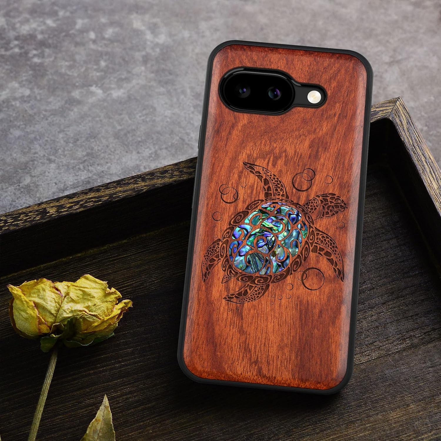Carveit Magnetic Wooden Case for Google Pixel 9a Case, Wood Artisan Engraved & Handmade Shell Inlaid, Compatible with MagSafe Wireless Chargers (Sea Turtle) Rosy