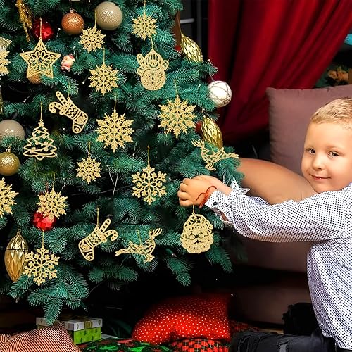 Miniatura 2 de Juego de 42 decoraciones para árbol de Navidad, adornos colgantes con purpurina dorada, copo de nieve, árbol de Navidad, muñeco de nieve, reno, Papá