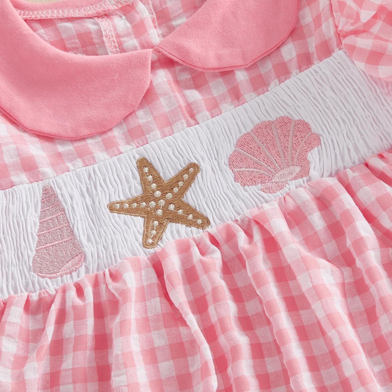 Toddler Baby Girl Summer Clothes Smocked Puff Sleeve Dress Starfish Seashell Embroidery Plaid Dresses Playwear - Image 5