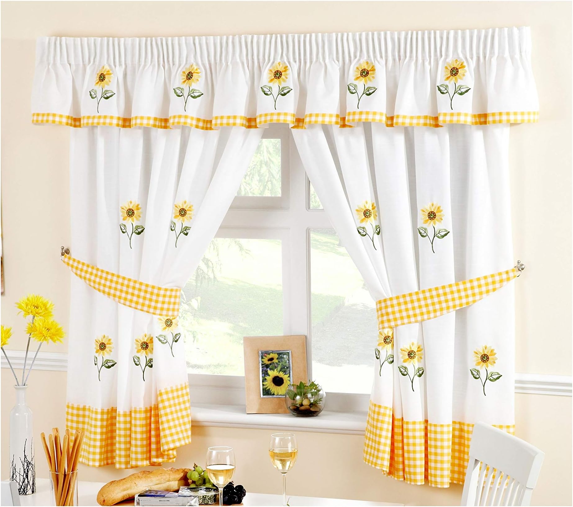 Alan Symonds Sunflower Kitchen Curtains (46" x 42") and Pelmet Set Yellow/Multi Gingham
