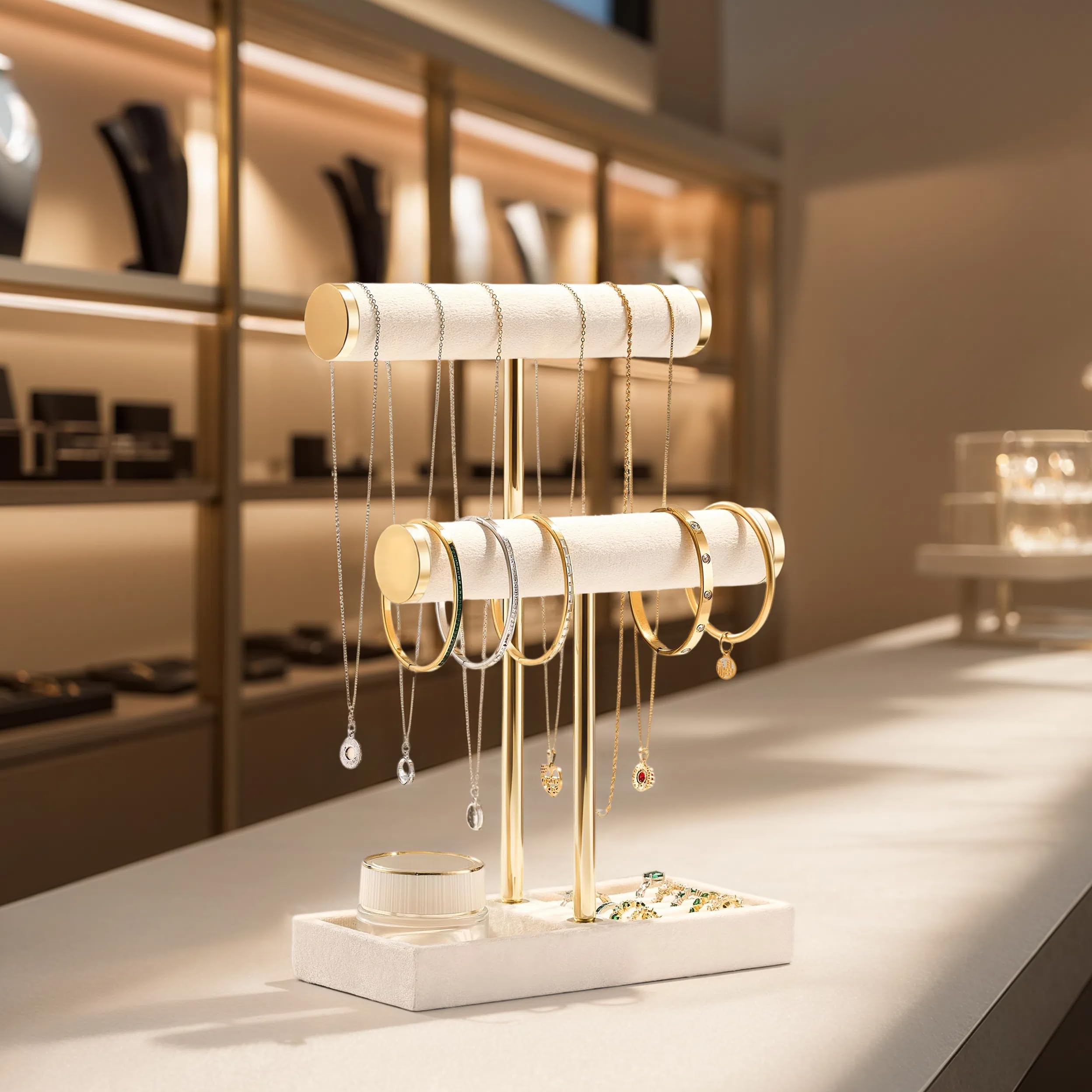 2 Tier Bracelet Holder Display - Detachable T Bar Beige Velvet Bracelet Holder, Jewelry Holder Organizer for Bracelet, Necklace, Earrings, Rings