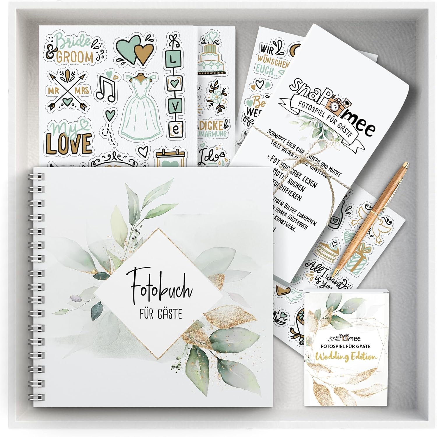 Photo game Wedding Set by snaPmee - 50+4 Photo Tasks Photo Book Hard Cover with Pen 133 Stickers 10 Table Stands - as Guest Book Alternative