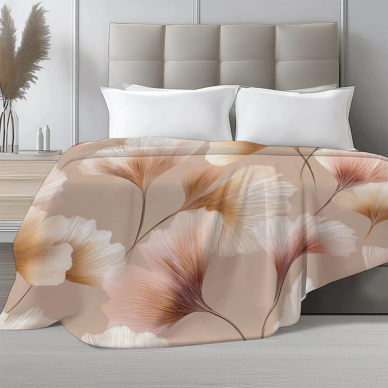 Genérico Manta de Franela de Forro Polar para Niños y Adultos 220 x 240 cm, Mantas para Sofa Estampado Exquisito Naturaleza Hoja De Ginkgo - Manta Crema Suave Cálida Transpirable Ligera