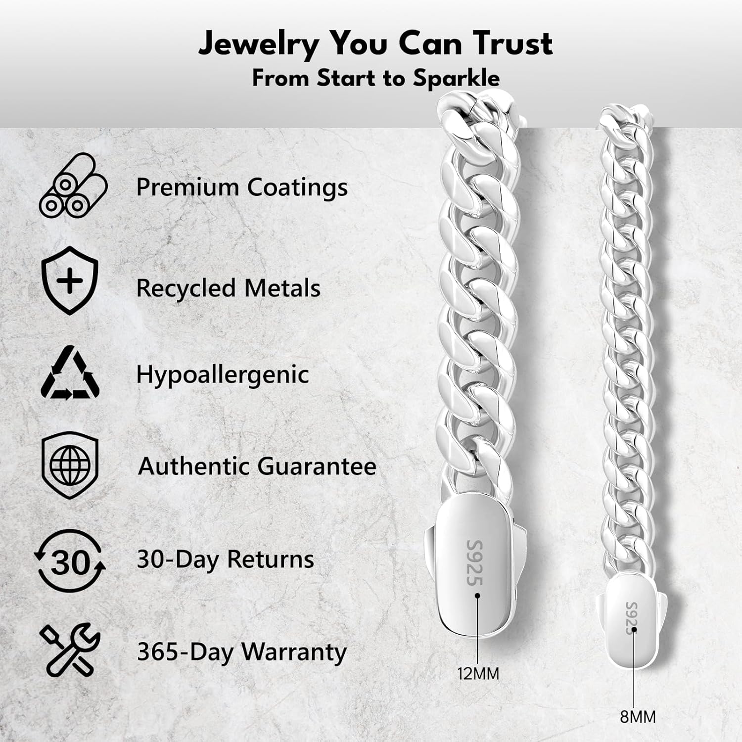 KRKC&CO Necklace Chain for Men, 925 Sterling Silver Plated and 316l Stainless Steel, 8/12mm Miami Cuban Link Necklaces Jewelry, Gift for Him Husband Dad, Cadena Plata