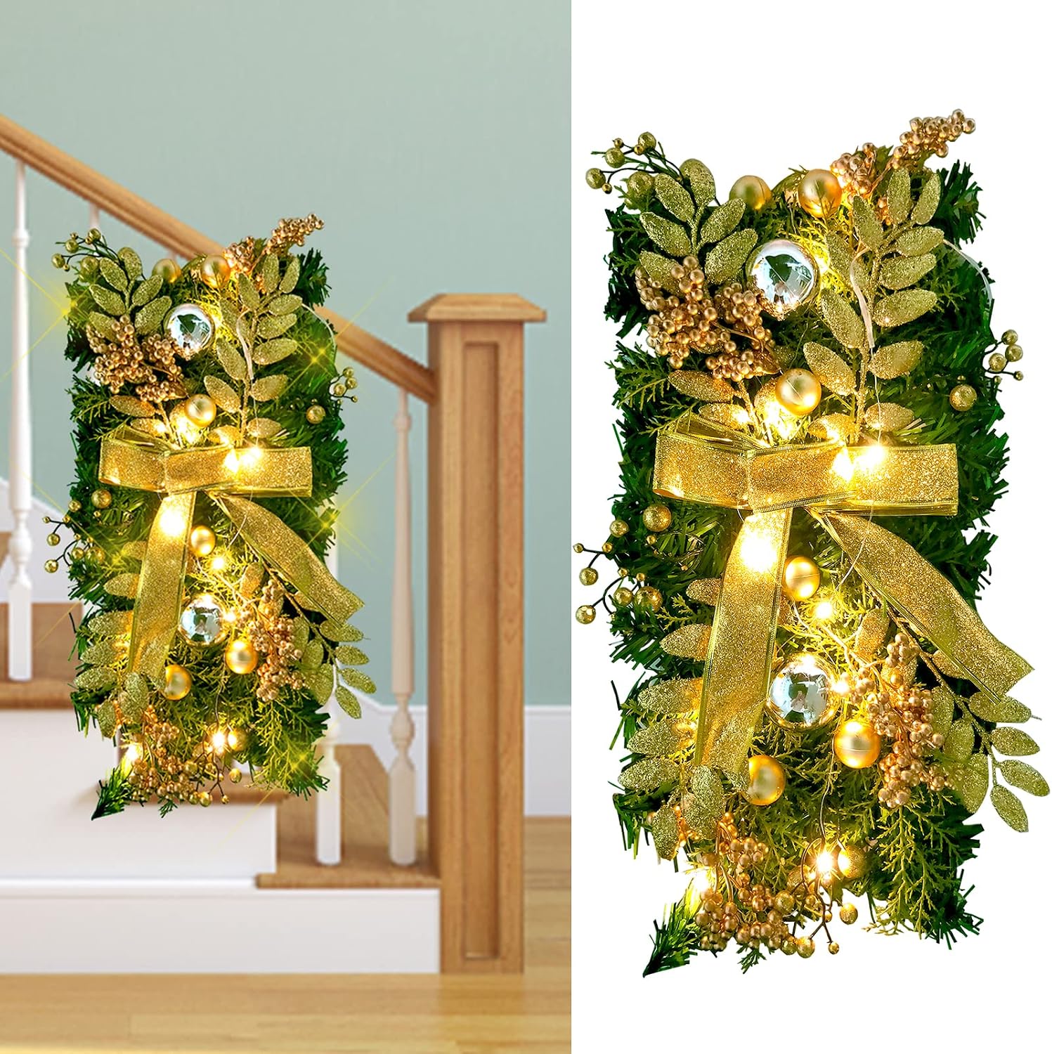 Christmas Teardrop Swag , Stair Swag Christmas Garland for Stairs Railing, Door Swag Garlands, Christmas Swag Wreaths for Wall Window Door Hanging Ornaments Holiday Decor for Indoor Outdoor Home