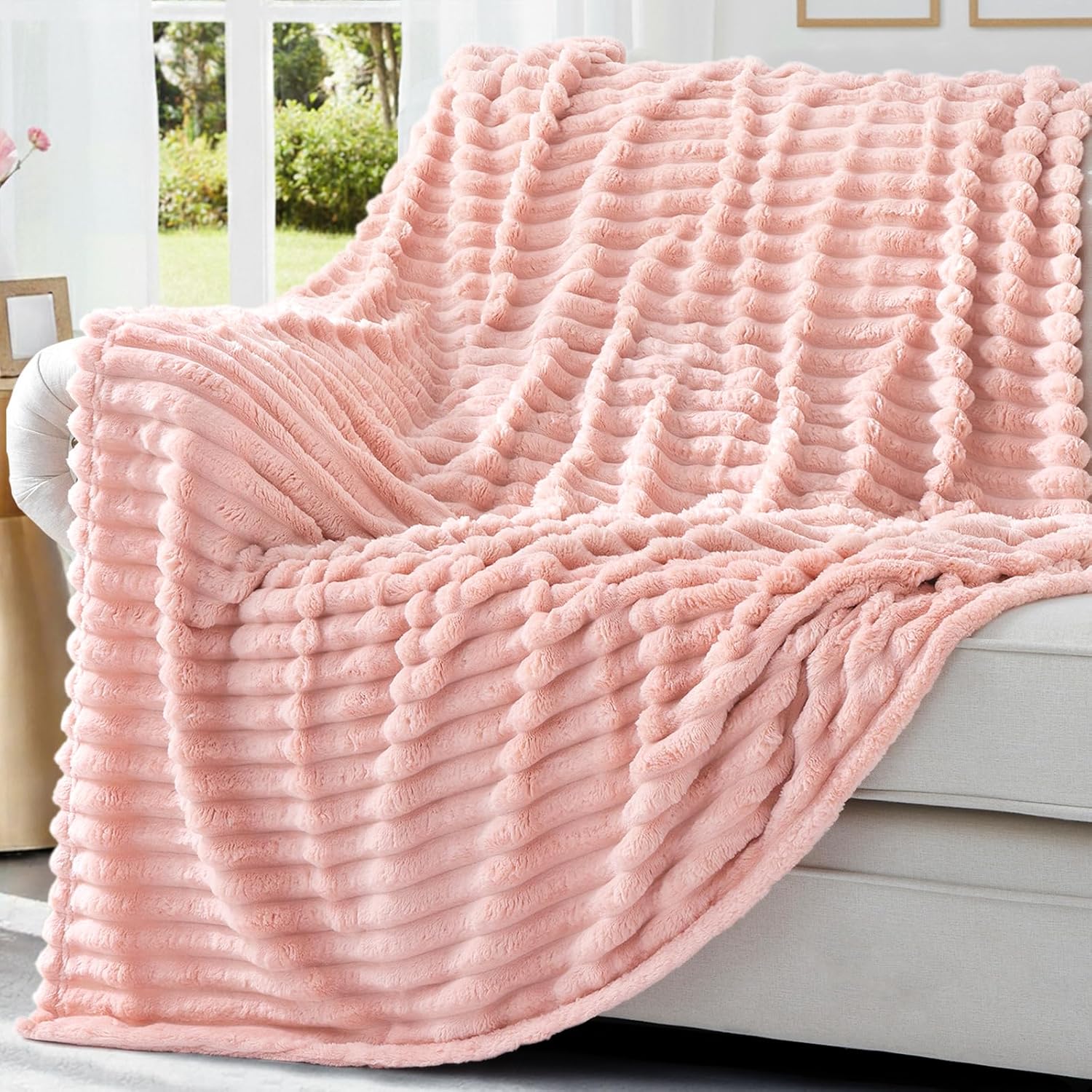 decorUhome Valentines Soft Fleece Pink Twin Blanket for Bed, Cozy Fluffy Plush Flannel Striped Throws for Couch Sofa, Lightweight Decorative Ribbed Fuzzy Blanket for Woman, 60x80 Inches