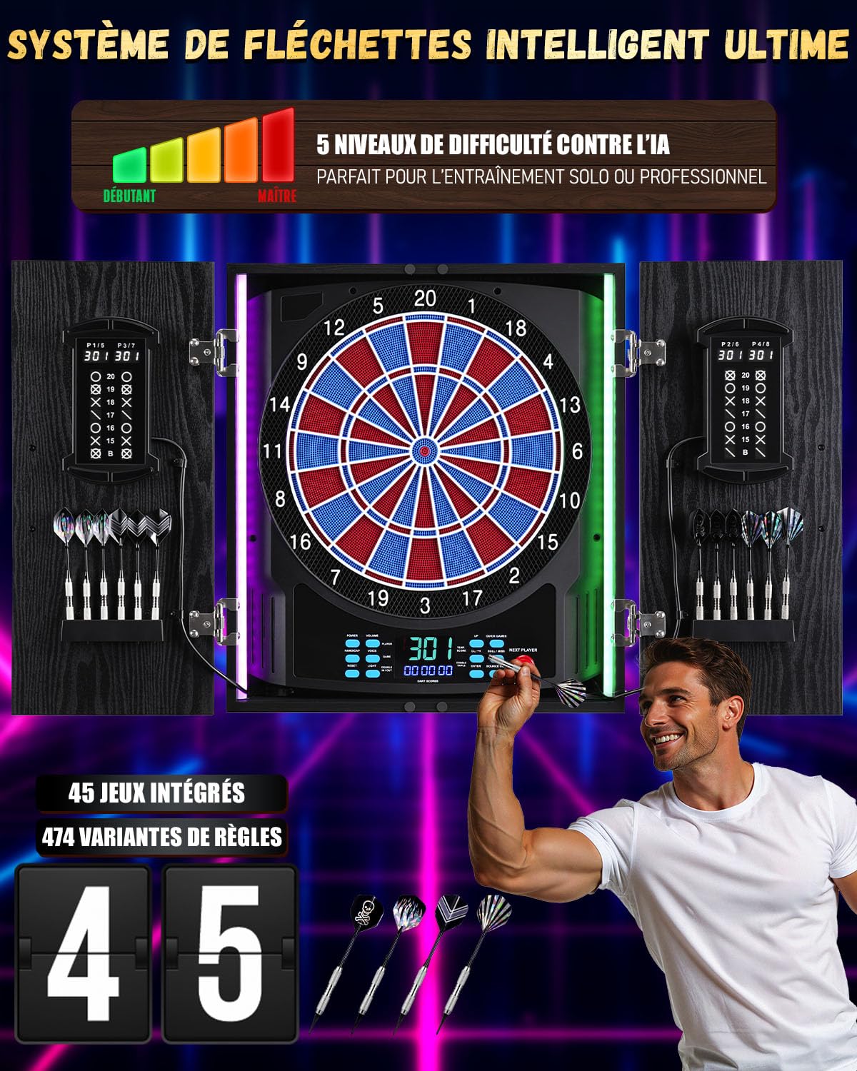 Jeu de Fléchettes Électronique, LED Cible Fléchette Double Score | [12 Fléchettes][Bois Coffret] Indicateur LED 8 Joueurs, Jeux de Flechettes Adulte Électronique pour Salle de Jeu, Bar