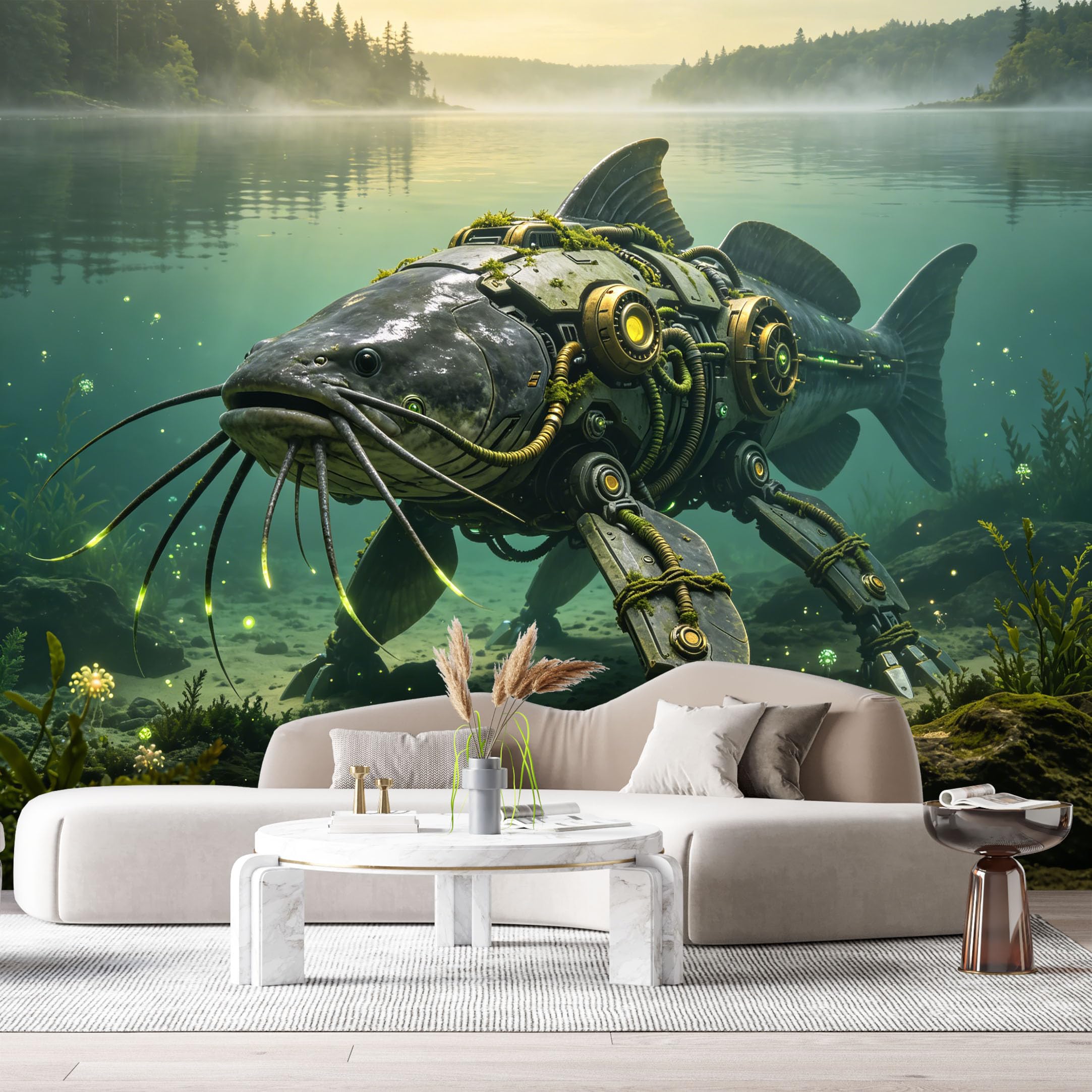 Custom Size Wall Mural Mechanical Catfish Mech Aquatic Robot Futuristic SciFi Deep Sea Machine SelfAdhesive Art Prints Removable Large Wallpaper Esports Room Game Room Tenant Room Studio