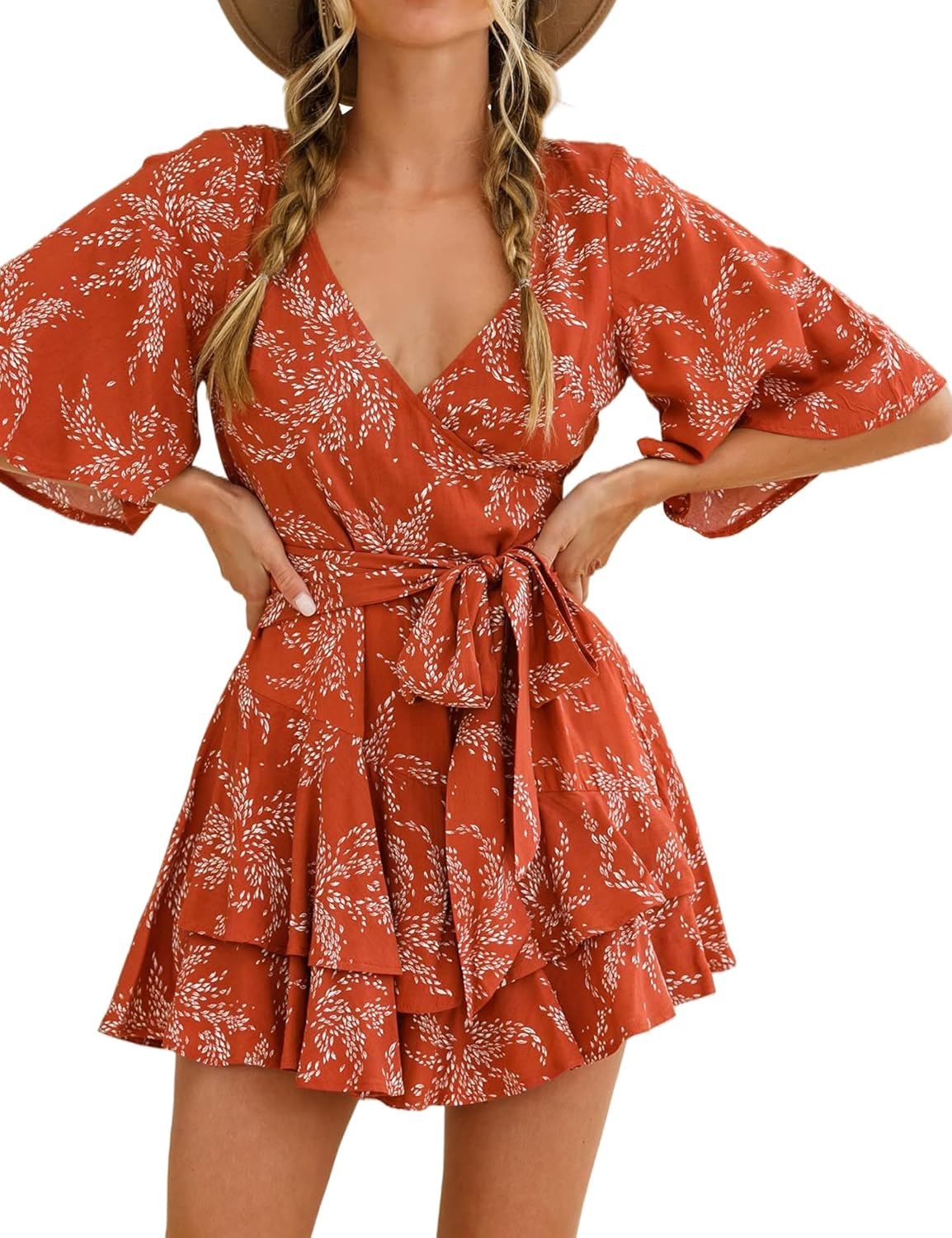 AIMCOO Womens Summer Short Flared Sleeve Romper V Neck Floral Print Jumpsuit Waist Tie Layer Ruffle Hem Dress Look Rompers - Image 2