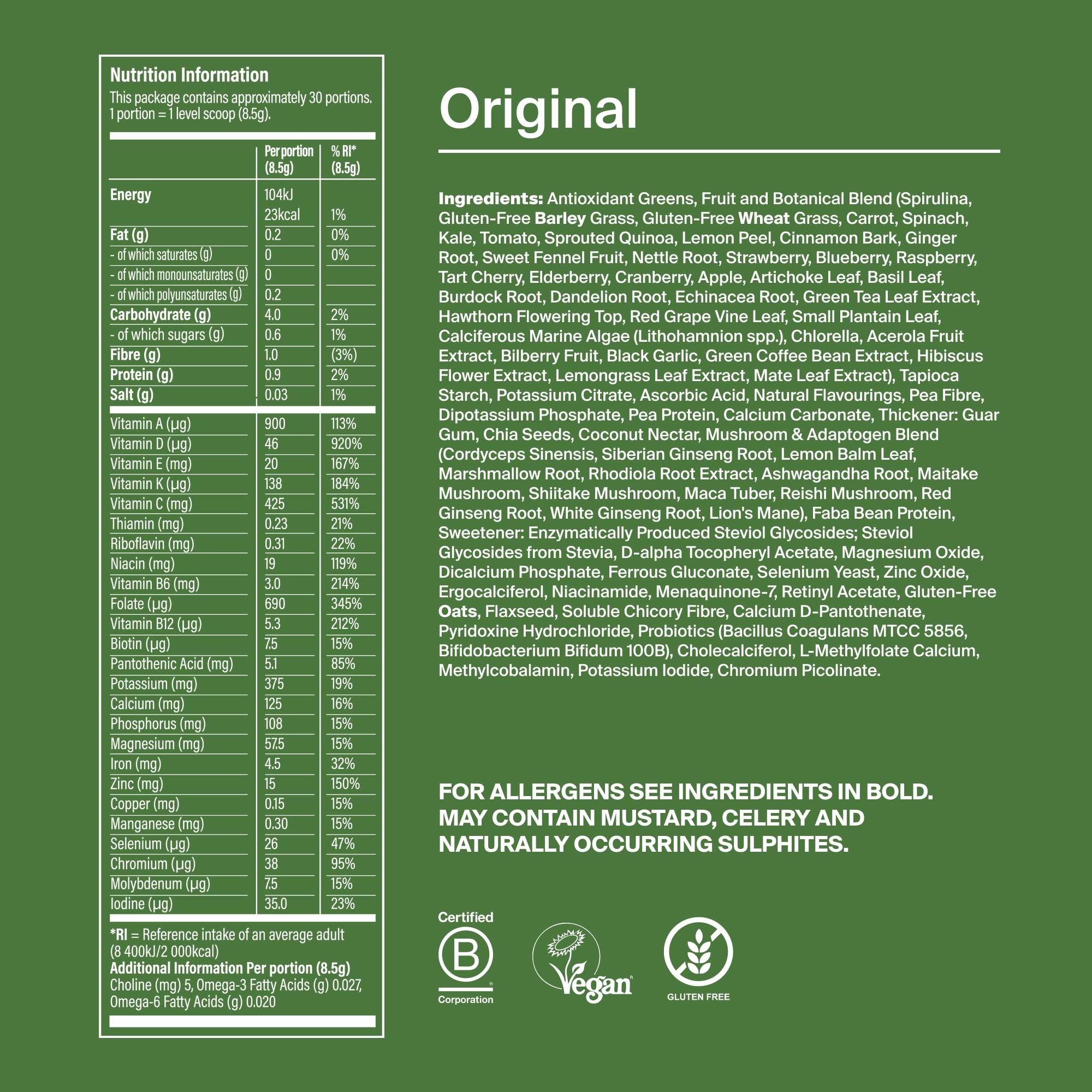 Huel Daily Greens Original - 30 Portionen (255 g) - Veganes Superfood-Pulver mit Karotte, Brokkoli, Spinat, Grüntee, Grünkohl, Spirulina & mehr, Reich an Probiotika, Vitaminen, Adaptogenen & Mineralst