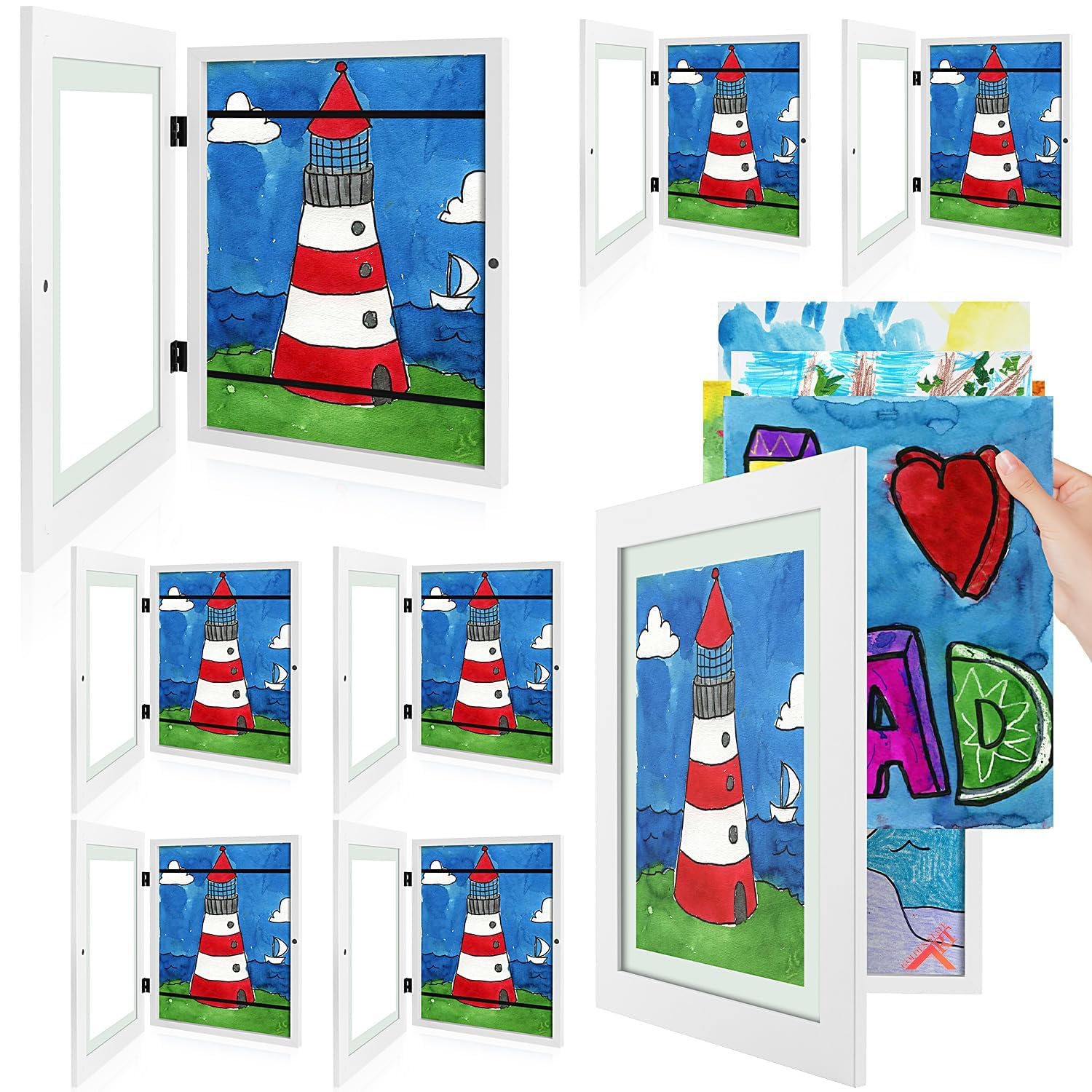 8 Pack 9x12 Front-Opening Kids Artwork Frames Changeable (White)