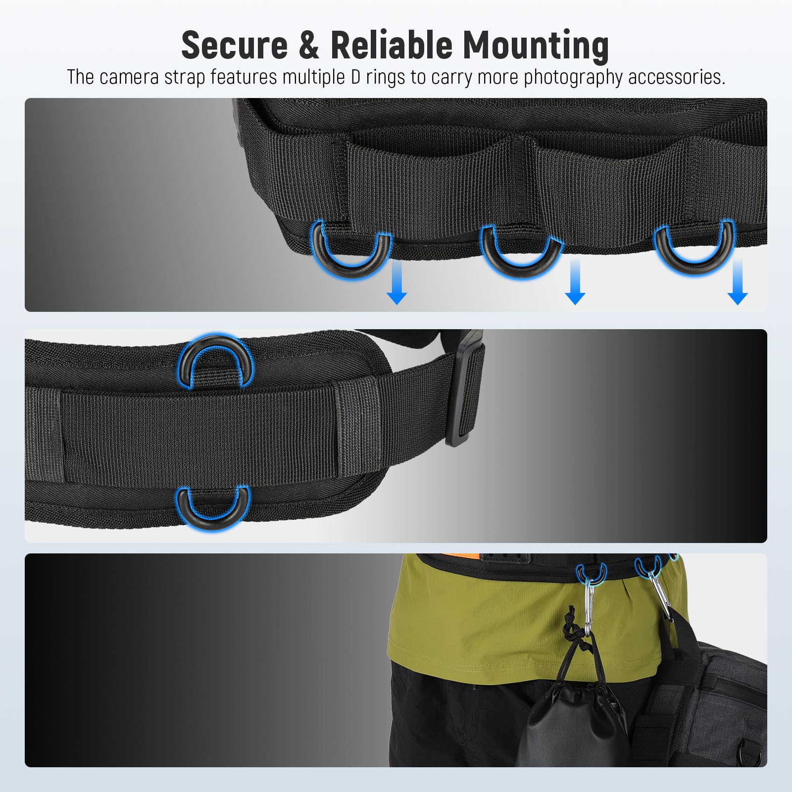 NEEWER Cintura in Vita per Fotocamera Multiuso, Camera Strap per Fotografi, Tracolla Traspirante Regolabile con Anelli D per Borsa DSLR Custodia Lenti Treppiede Flash Accessori Fotografia, CA151 Nero