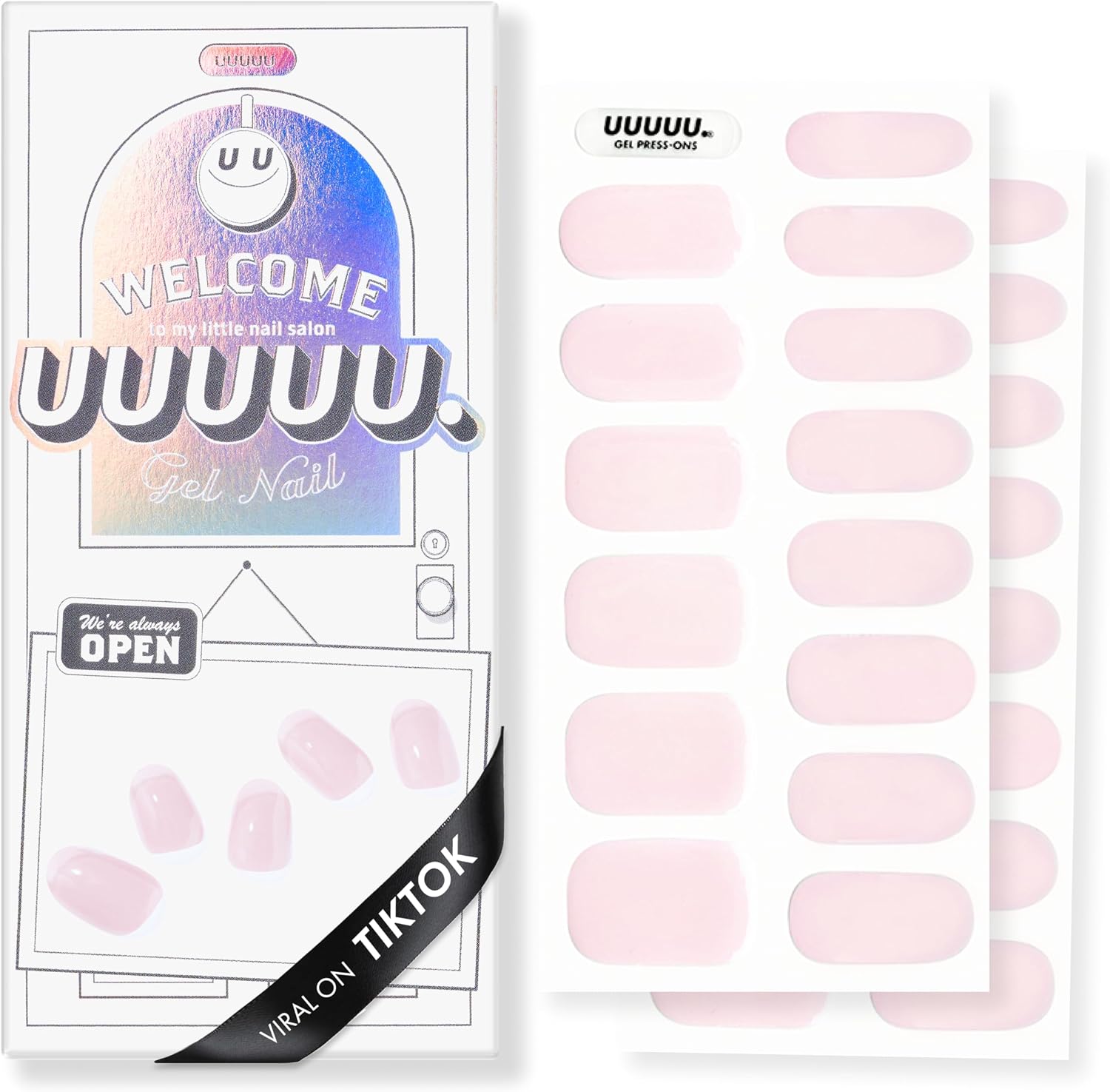 UUUUUU Semi Cured Gel Nail Strips | Salon-Quality | UV Free Gel Nail Wraps for Women | Easy Peel&Stick | Long-Lasting up to 14 Days | 28 Strips Set+File & Wipes | Gift-Ready(UGN117 Pink Petal Syrup)