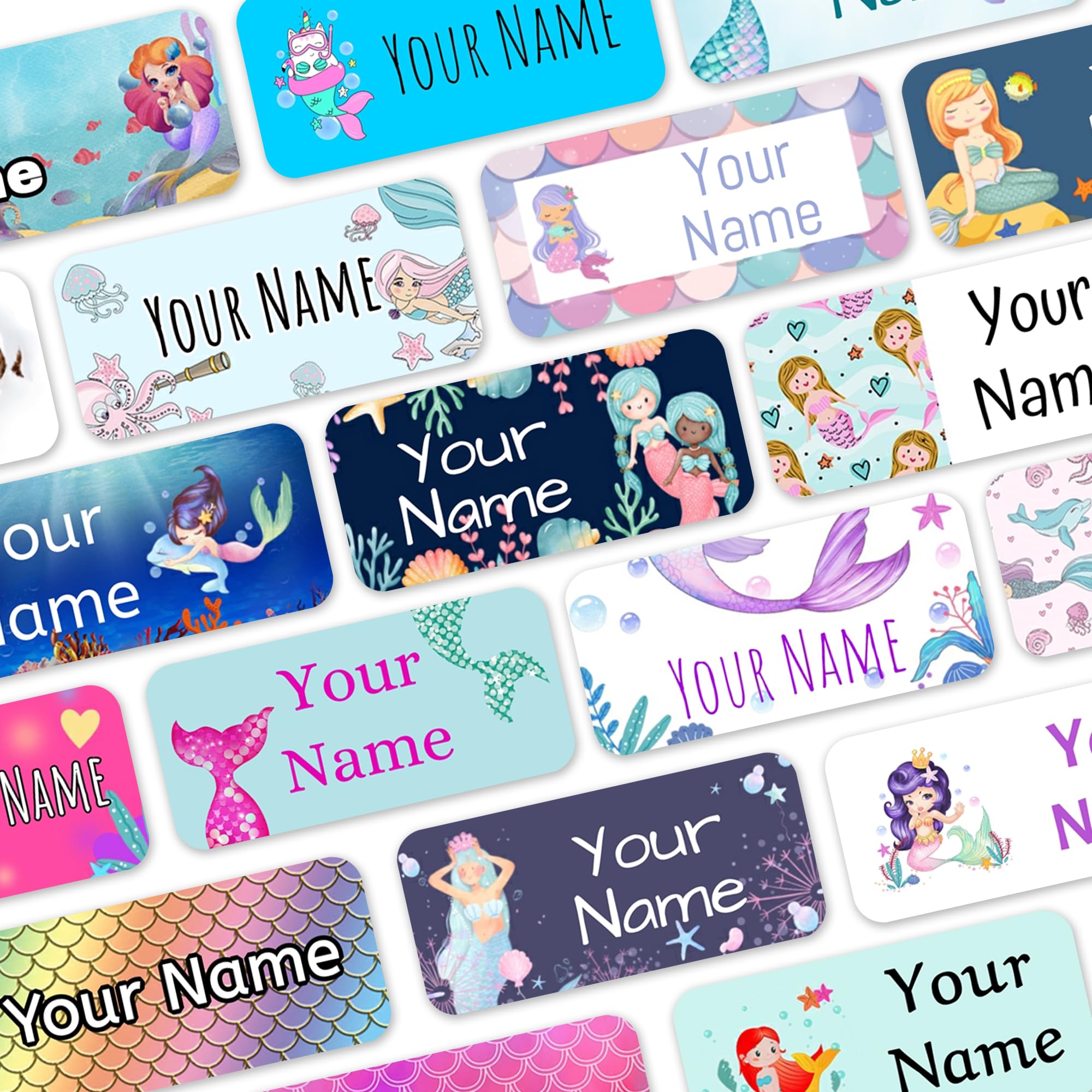 Mermaid Stick On Name Labels, Stick on Clothes Labels, Waterproof Washable for Clothes, Personalised School Uniform Stickers, Equipment, Stationery. Nursery, School, Day Care, Hospital (90)