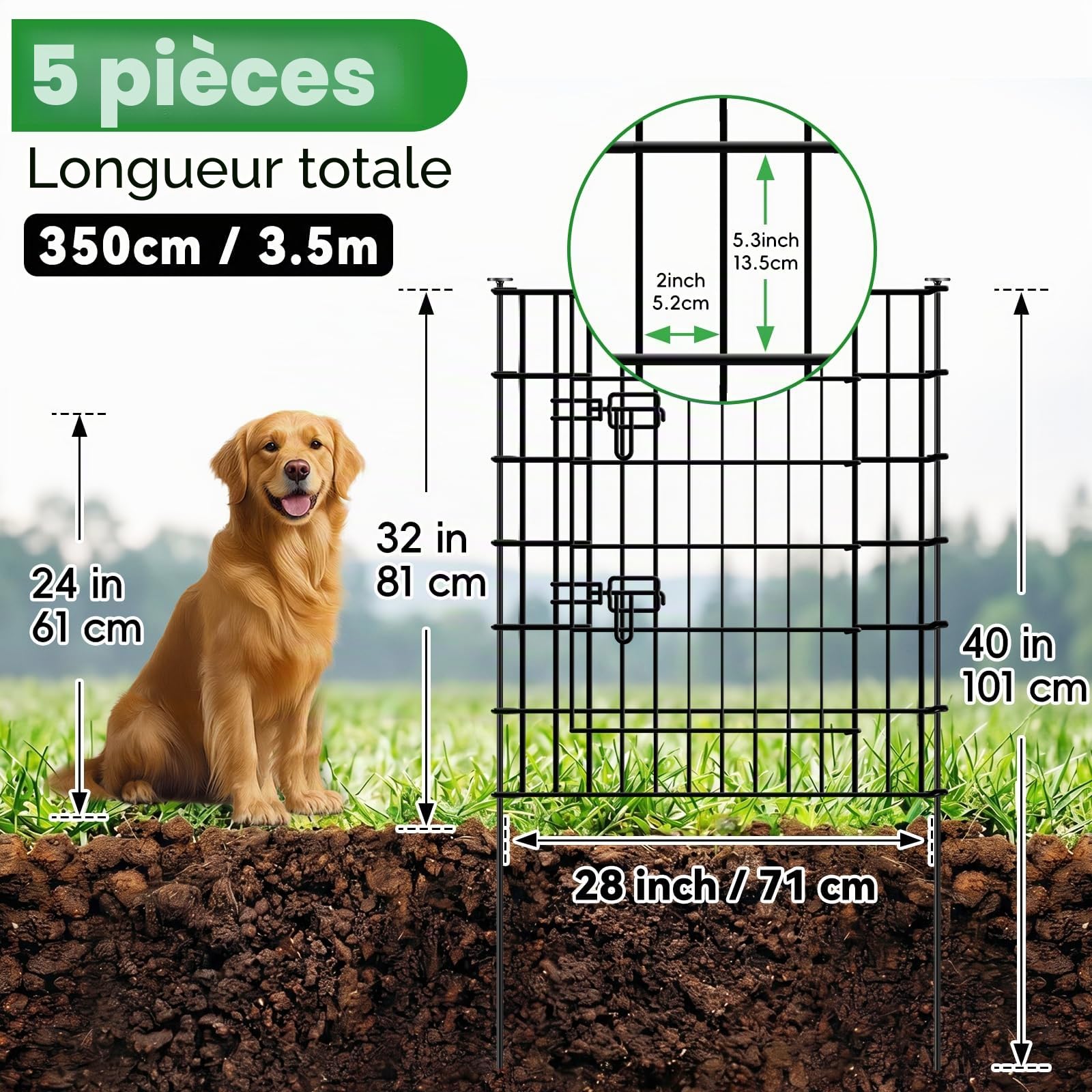 ARIFARO Clôture Décorative de Jardin 5 Panneaux Longueur Totale 3,5m (81 cm H x 71 cm L) - Barrière Pour Animaux de Compagnie en de Métal avec 4 Panneaux + 1 Portail Pour Lapins et Patio