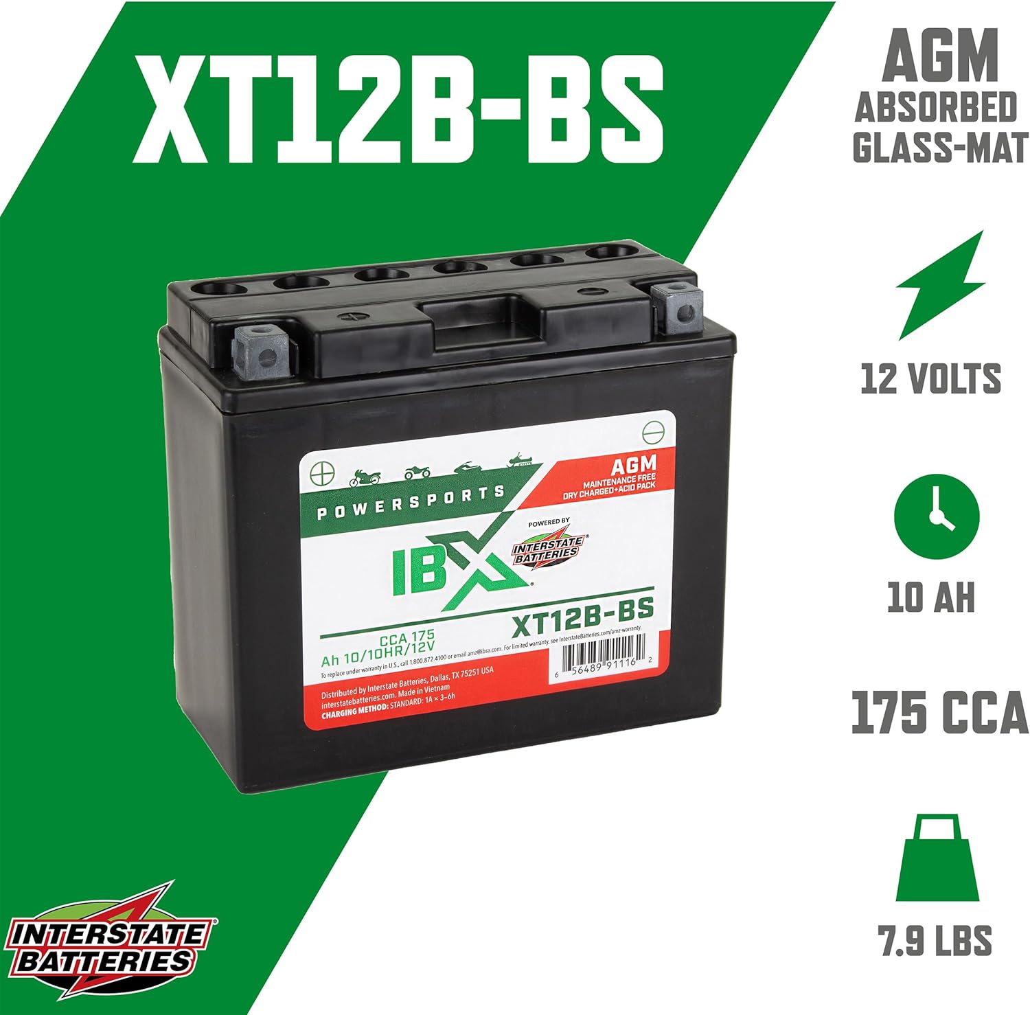 Interstate Batteries YT12B-BS 12V 10Ah Powersports Battery 175CCA AGM Rechargeable Replacement for Ducati, Triumph, Yamaha, Motorcycles, Scooters (XT12B-BS)