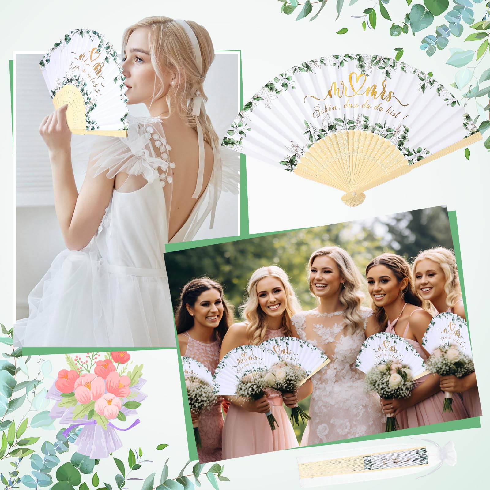 Namalu 60 Piezas Abanico con Patrón de Eucalipto Favores de Boda Abanicos de Papel Blanco con Bolsa de Organza Abanicos Plegables de Bambú para Invitados a la Boda Verano Cumpleaños Fiesta